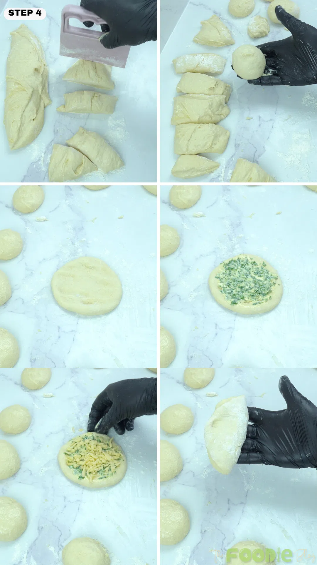 Step-by-step process of shaping sourdough dough, adding garlic herb cheese filling, and folding it for pull apart bread.