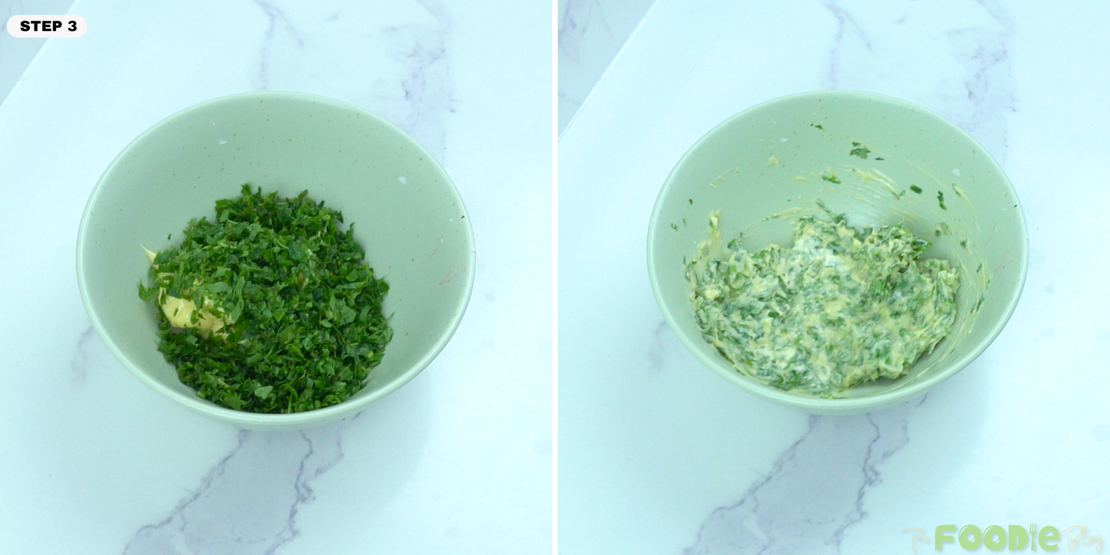 Step-by-step image showing softened butter mixed with chopped parsley for the garlic herb filling.