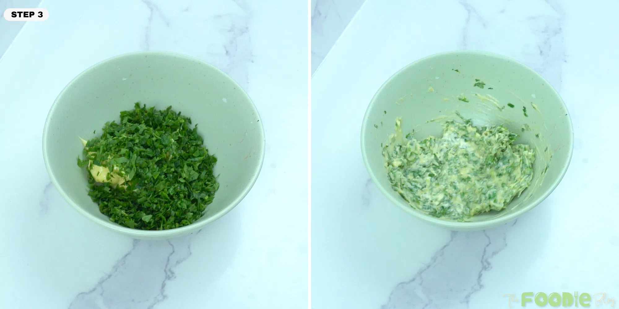 Step-by-step image showing softened butter mixed with chopped parsley for the garlic herb filling.