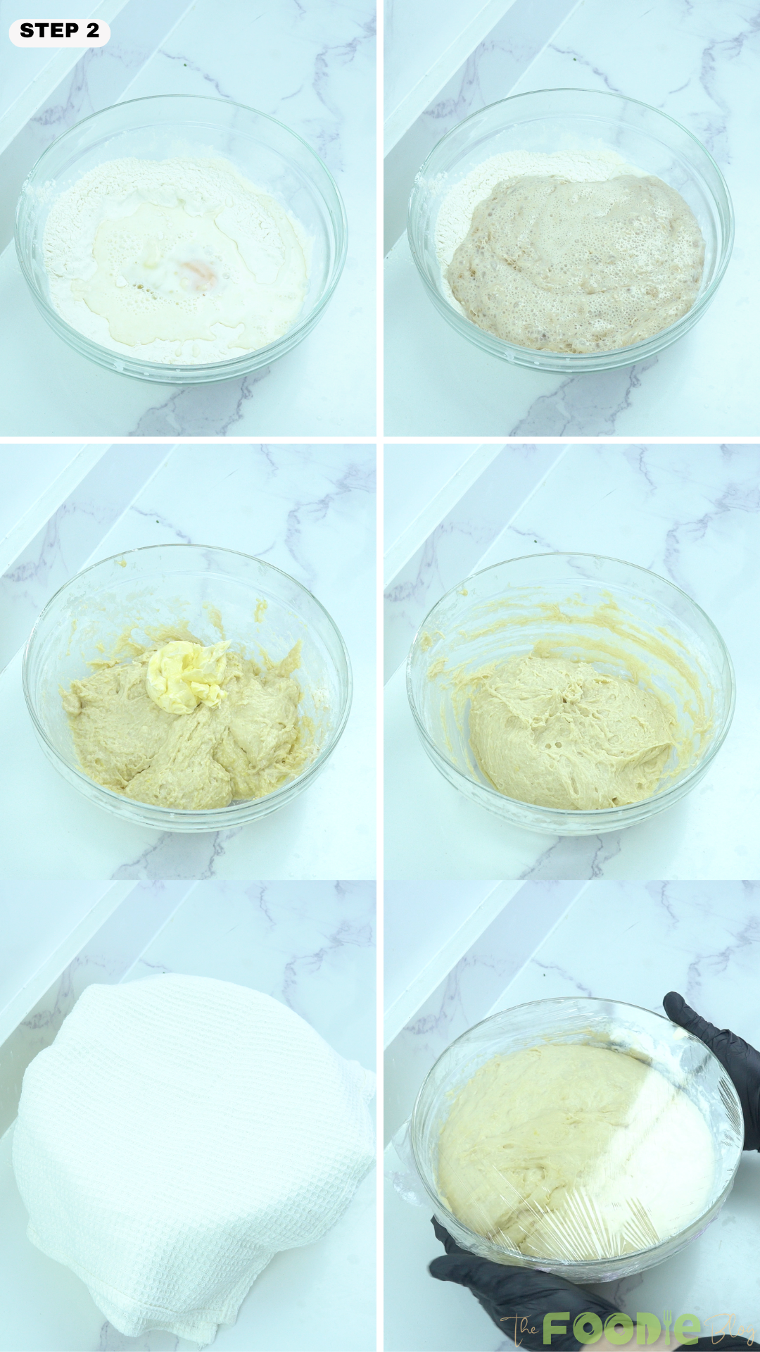 Step-by-step collage showing milk, flour, starter, butter, and dough mixed and covered for rising.