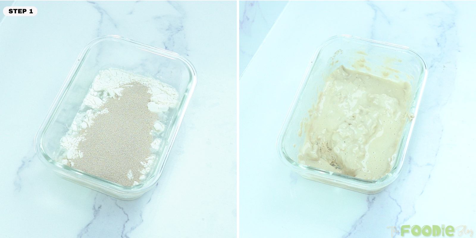 Step-by-step image showing flour, starter, and water mixed into an active sourdough starter build.