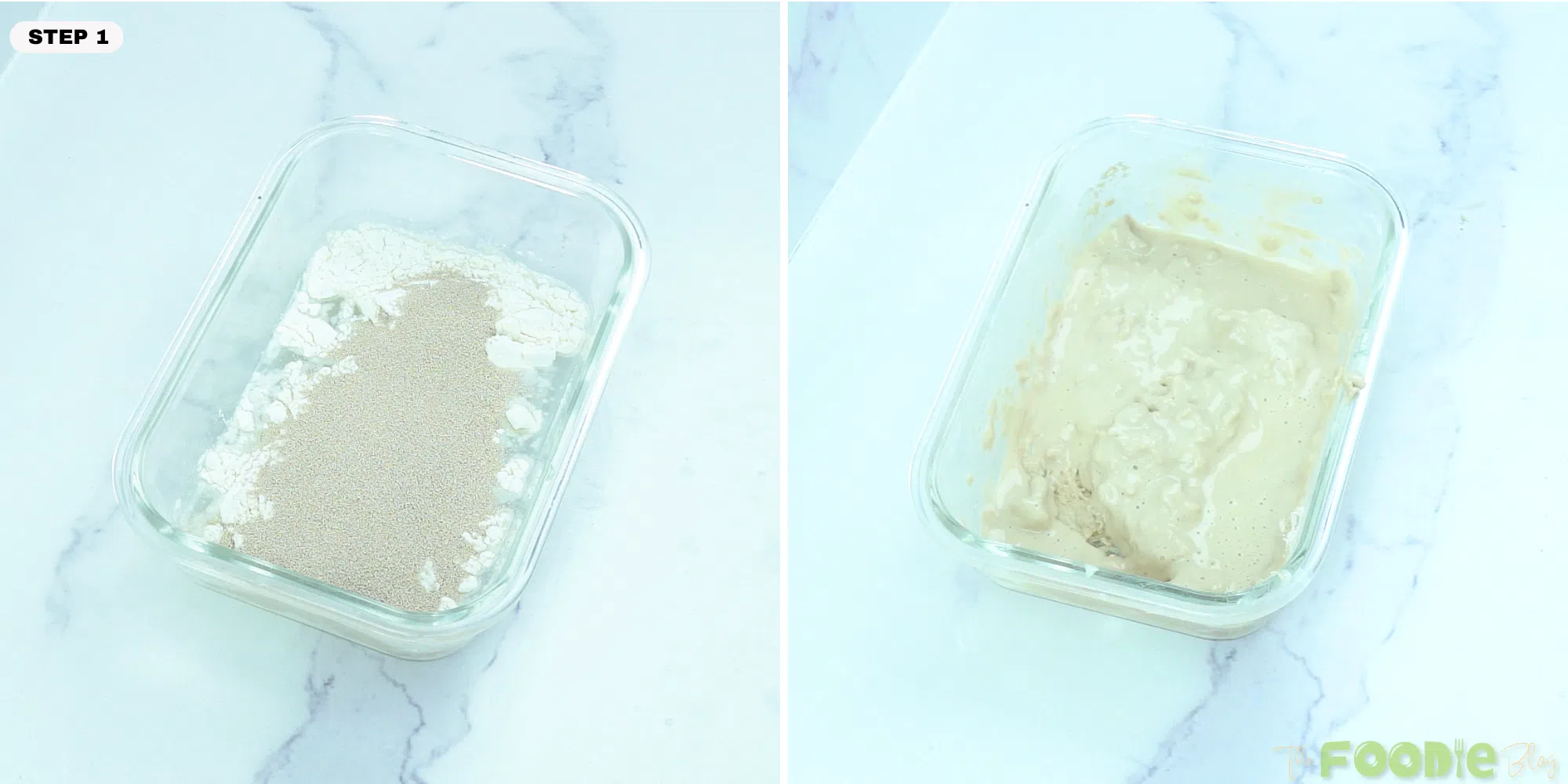 Step-by-step image showing flour, starter, and water mixed into an active sourdough starter build.