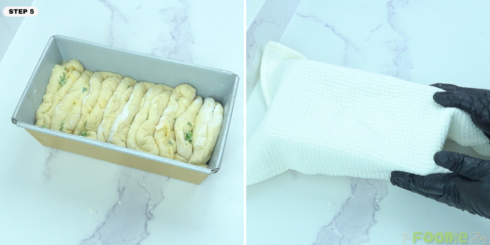 Step-by-step image showing shaped pull apart bread covered in a loaf pan for the second rise.