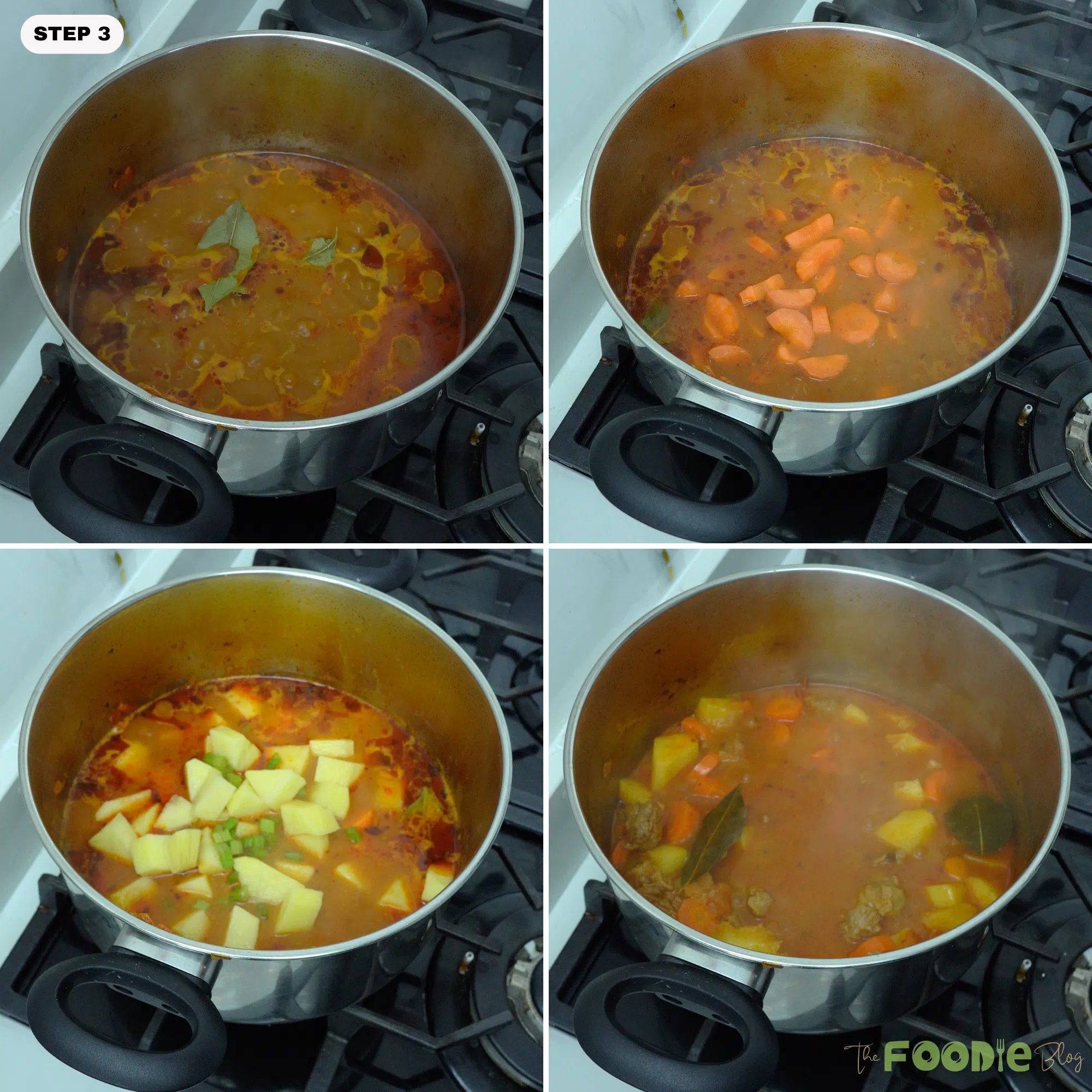 Carrots, potatoes, celery, and bay leaves added to a simmering pot of beef stew.
