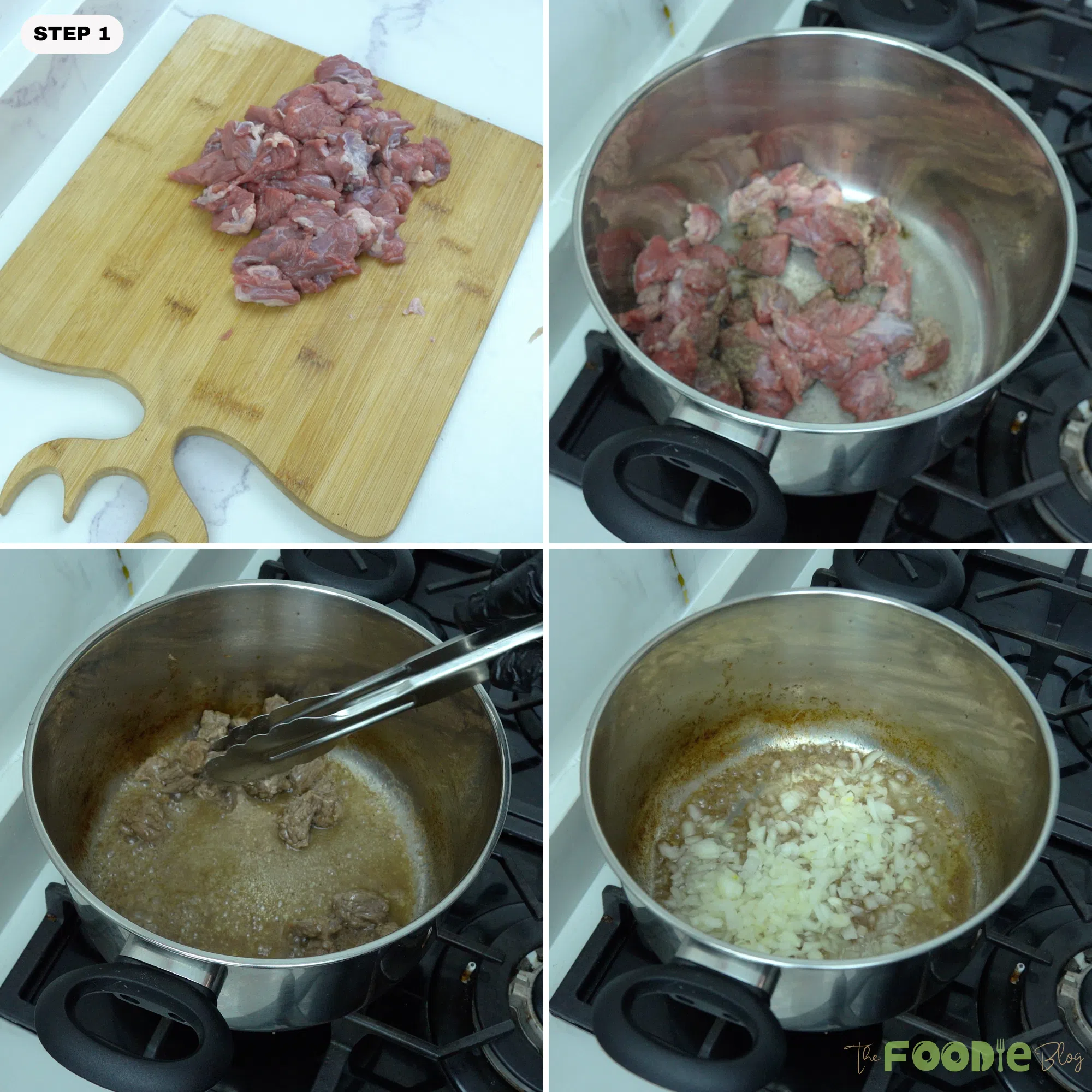 Stewing beef cut into chunks, browned in a pot, then cooked with chopped onions for beef stew.