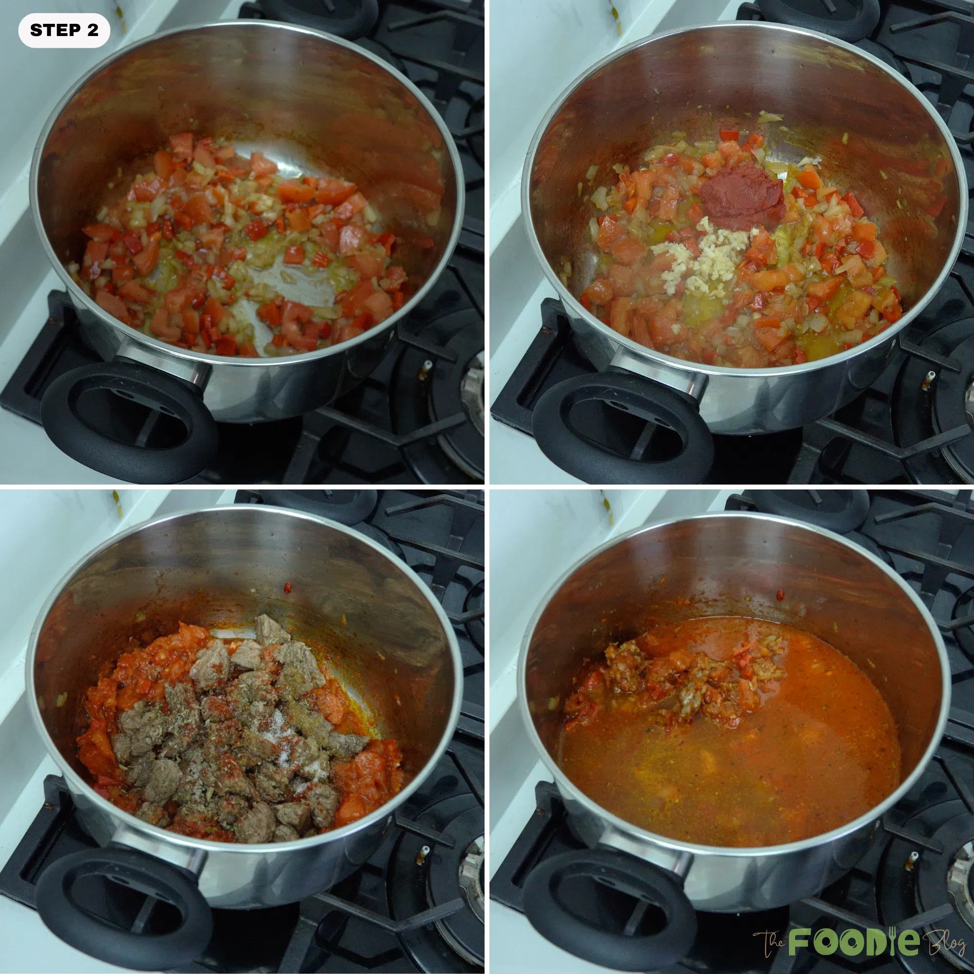 Tomatoes, red bell pepper, garlic, tomato paste, spices, browned beef, and broth cooking together in a pot.