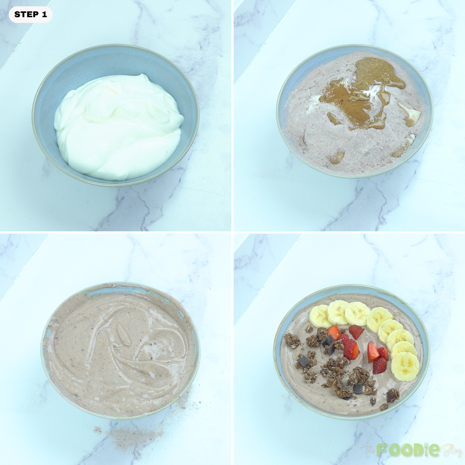 Step-by-step preparation of a Greek yogurt bowl: stirring Greek yogurt with chocolate protein powder, peanut butter, and cinnamon, then adding fresh toppings