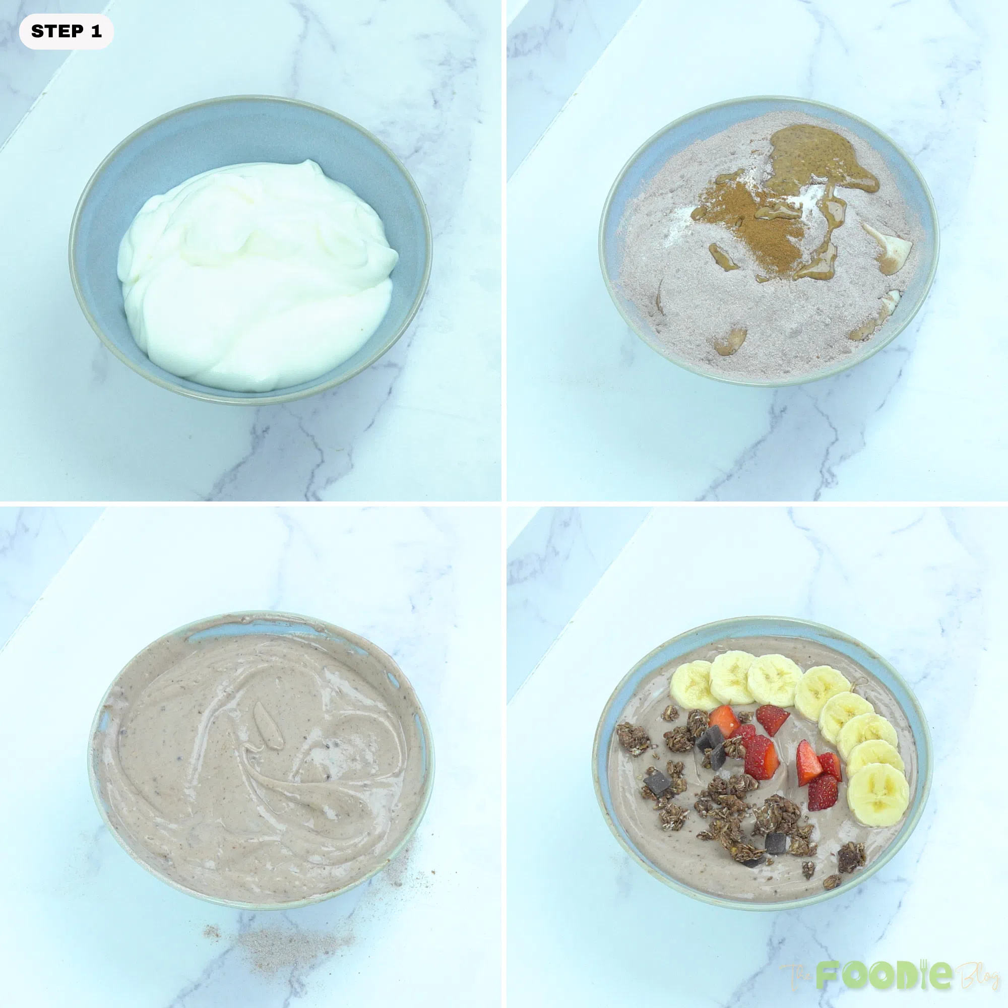 Step-by-step preparation of a Greek yogurt bowl: stirring Greek yogurt with chocolate protein powder, peanut butter, and cinnamon, then adding fresh toppings