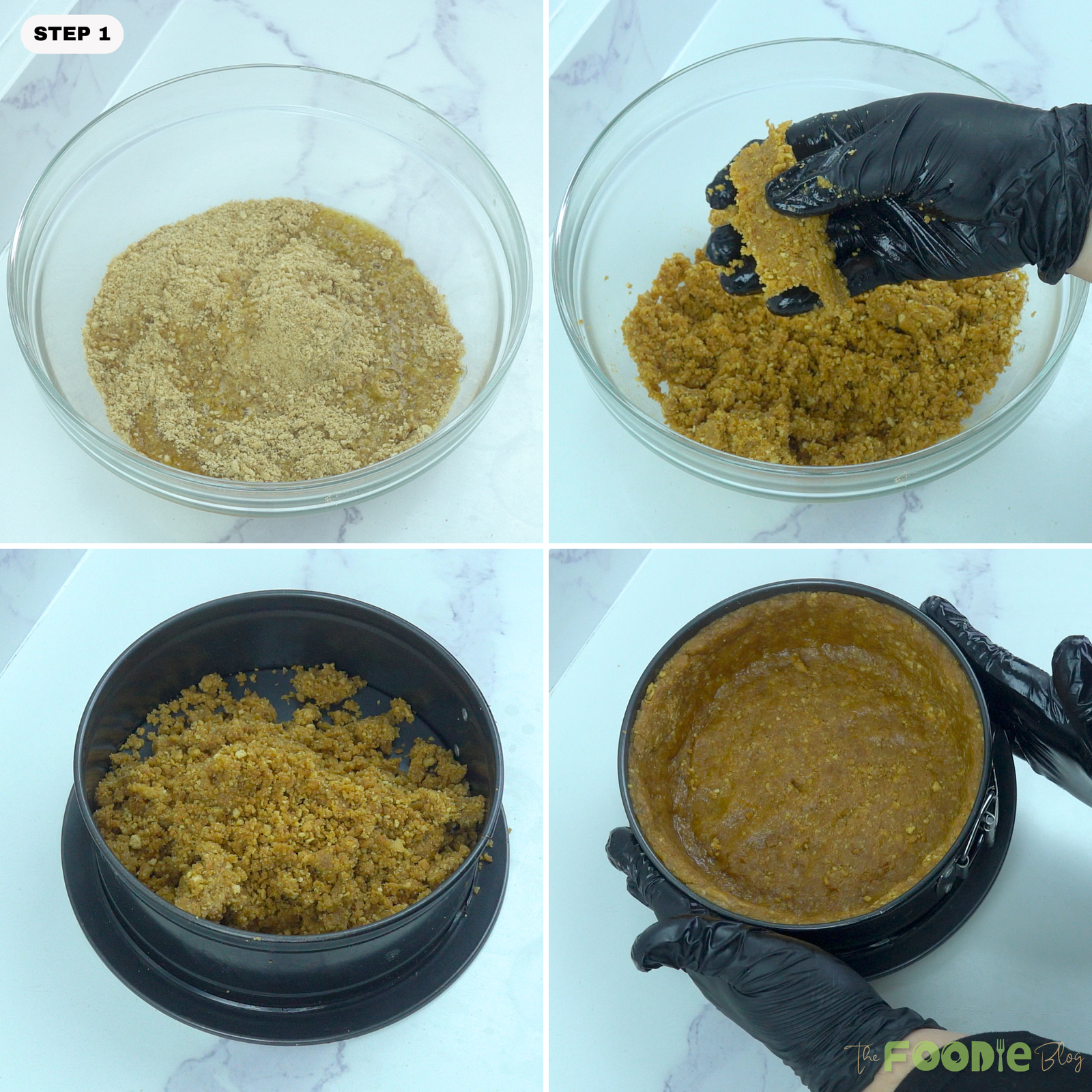 Biscuit crumbs mixed with melted butter and pressed into a springform pan for cheesecake crust.