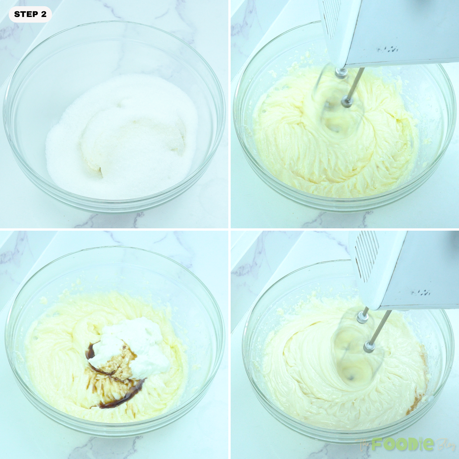 Cream cheese and sugar beaten with sour cream, vanilla, and lemon zest for cheesecake filling.