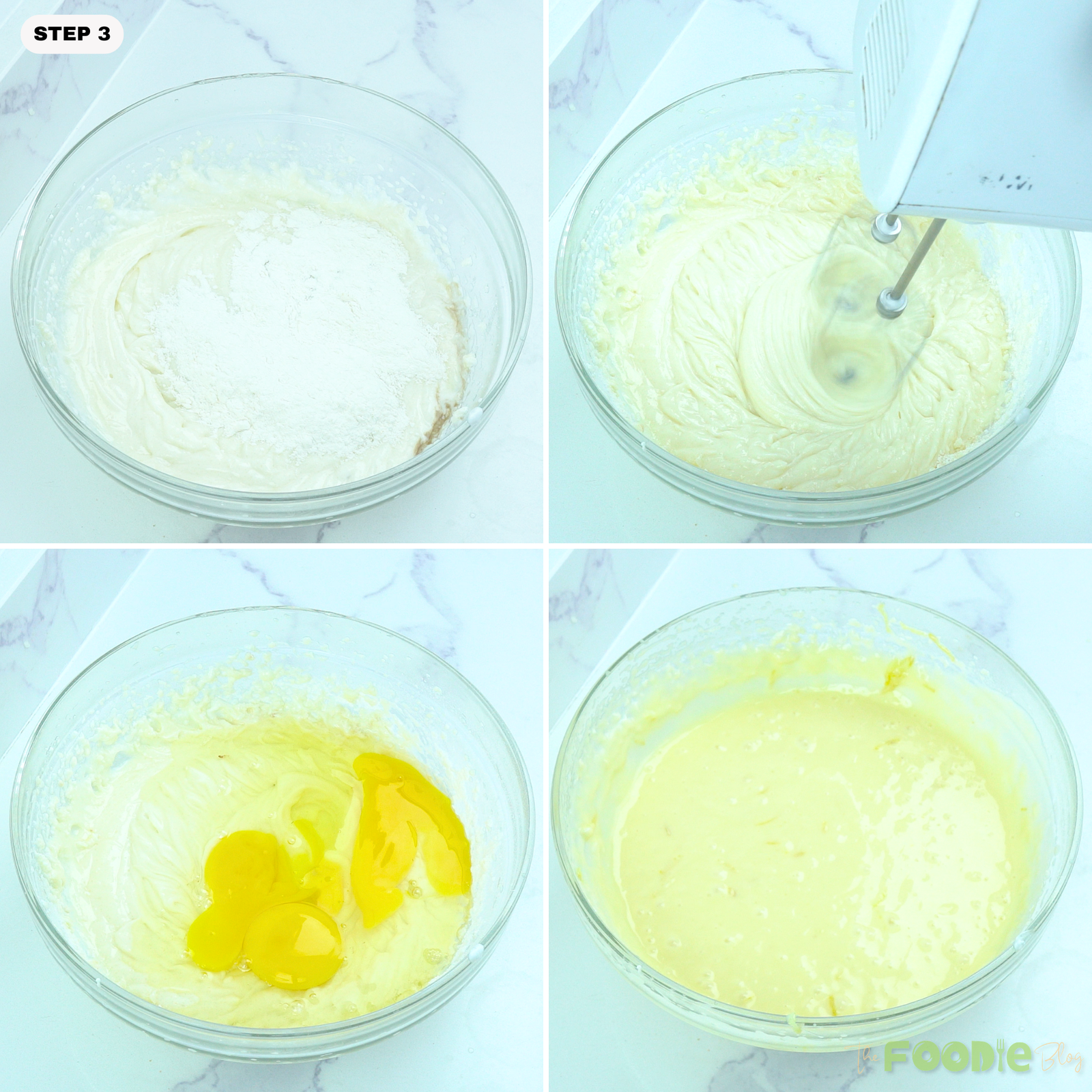 Flour and eggs mixed into cream cheese filling for a smooth baked cheesecake batter.
