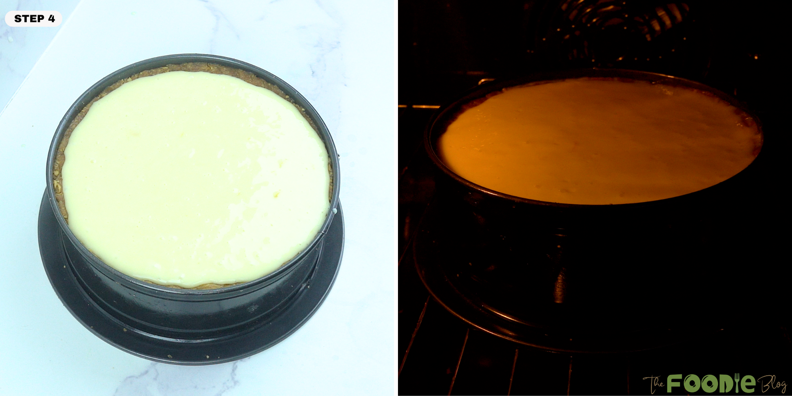 Cheesecake filling poured into a biscuit crust and baked in a springform pan.
