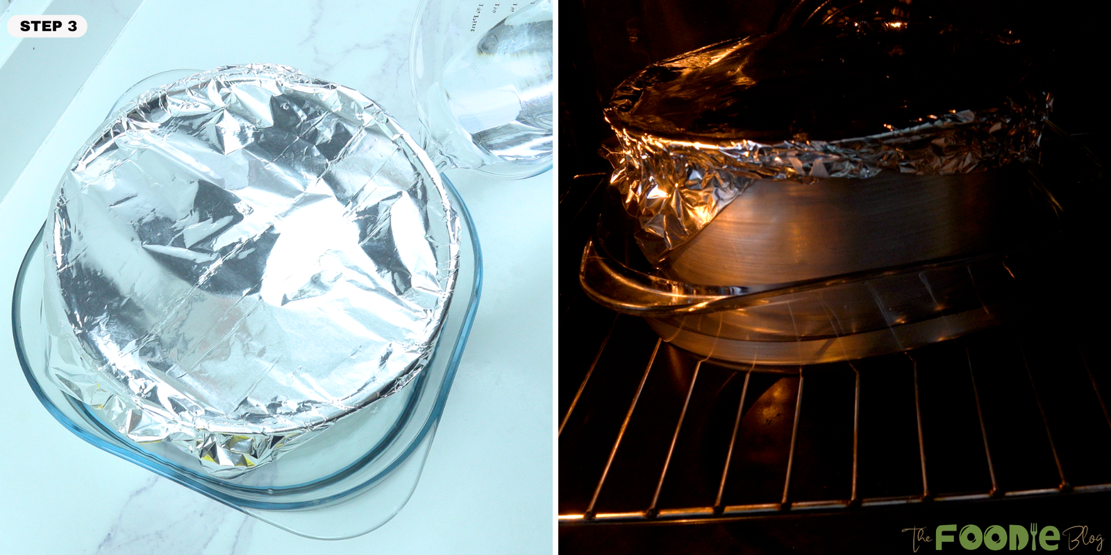 Foil-covered flan baking in a water bath in the oven