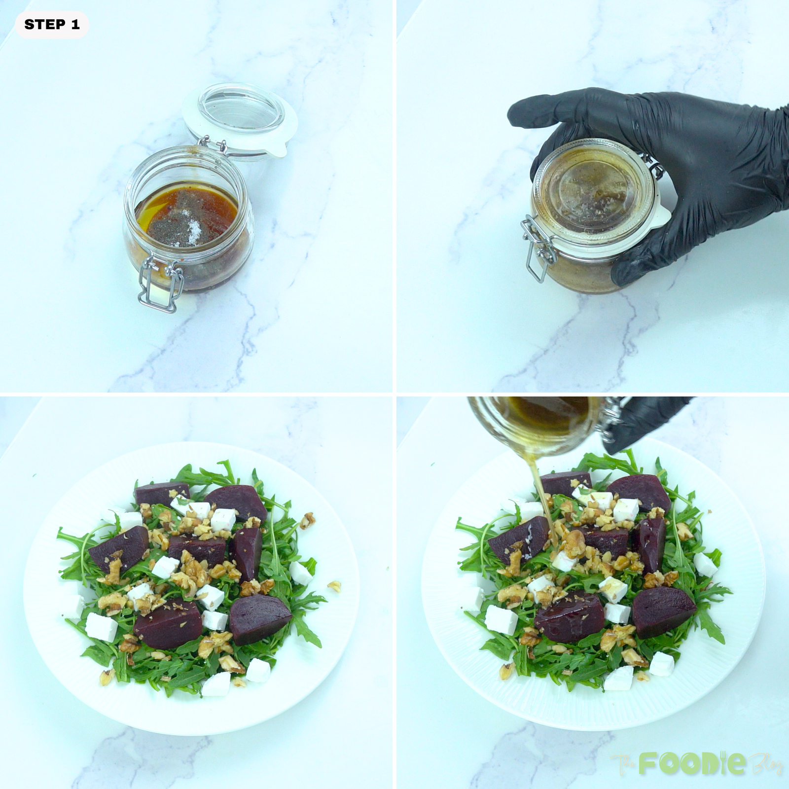 oney balsamic dressing mixed in a jar and drizzled over beet and arugula salad.