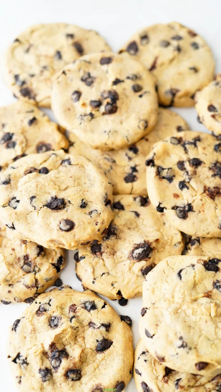 Close-up of soft chocolate chip cookies stacked together with chocolate chips and chopped chocolate pieces.