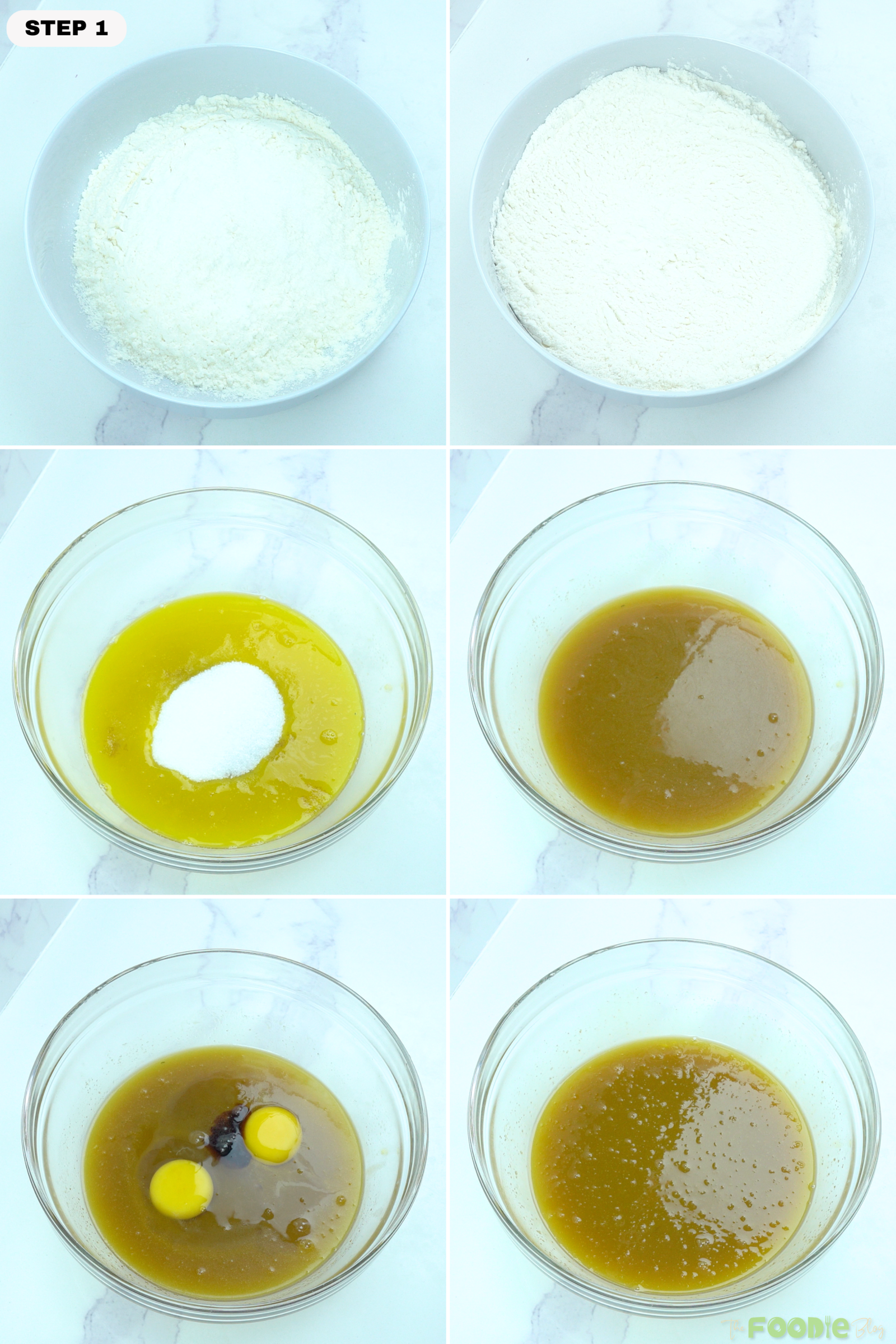 Step-by-step collage showing flour mixture, melted butter with sugar, brown sugar, eggs, vanilla, and the wet cookie dough mixture.