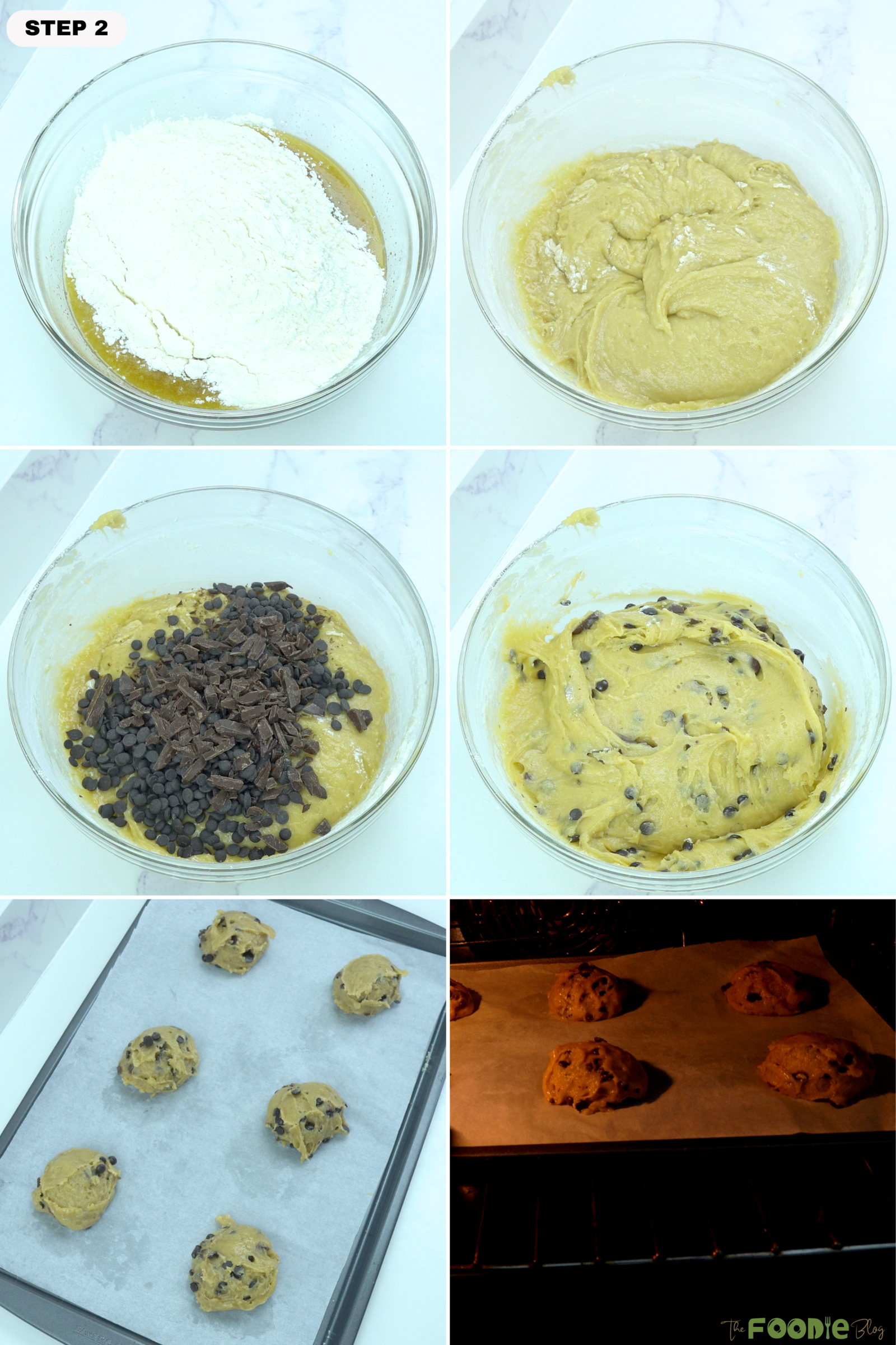 Step-by-step collage showing flour added to cookie dough, chocolate chips and chopped chocolate folded in, dough scooped onto a baking sheet, and cookies baking in the oven.