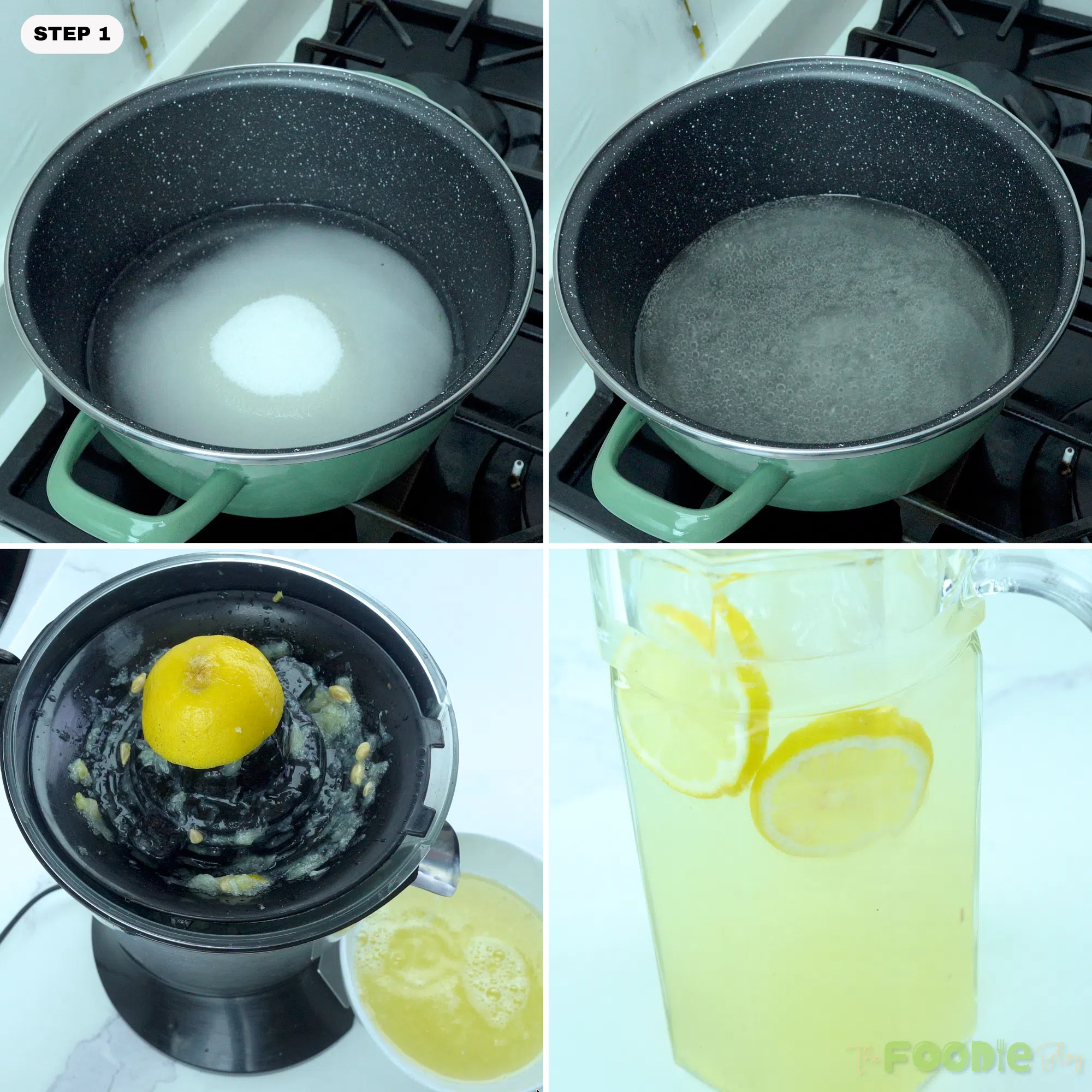 Step-by-step collage showing sugar syrup, lemon juicing, and lemonade mixed in a pitcher.