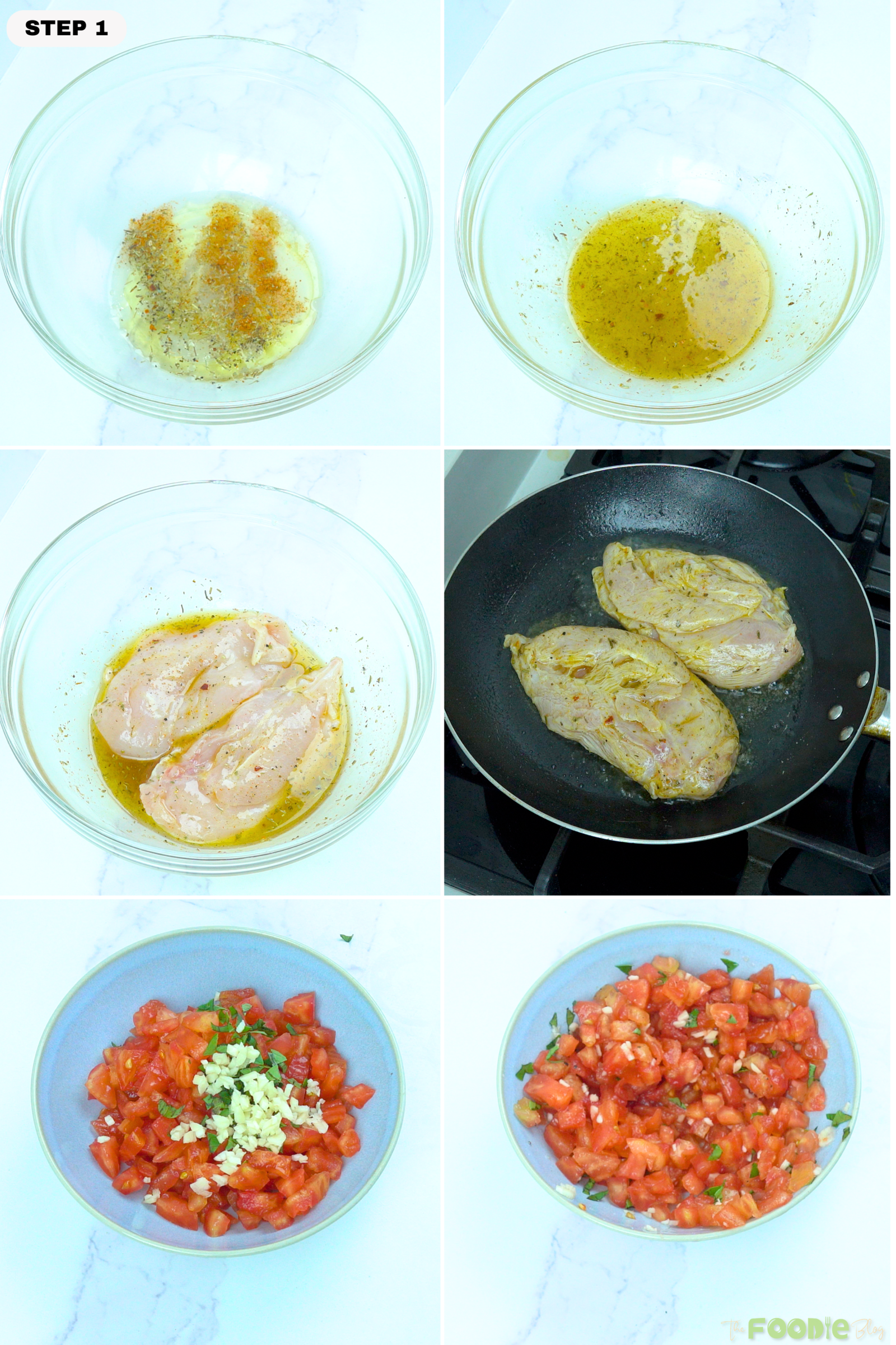 Step-by-step photos showing seasoning mixture, chicken breasts coated in marinade, and tomato topping for Bruschetta Chicken.