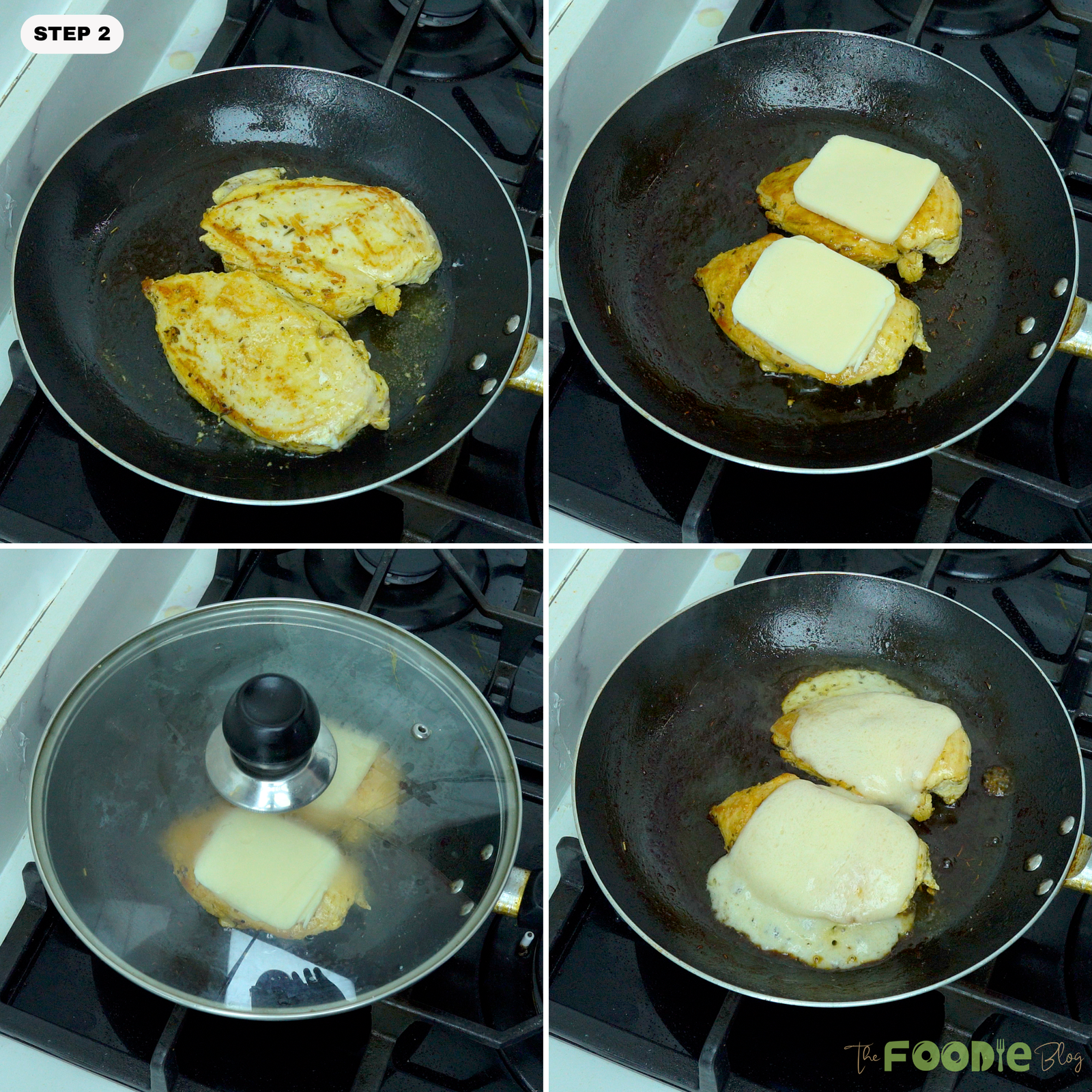 Step-by-step photos showing cooked chicken breasts topped with mozzarella and covered until the cheese melts.