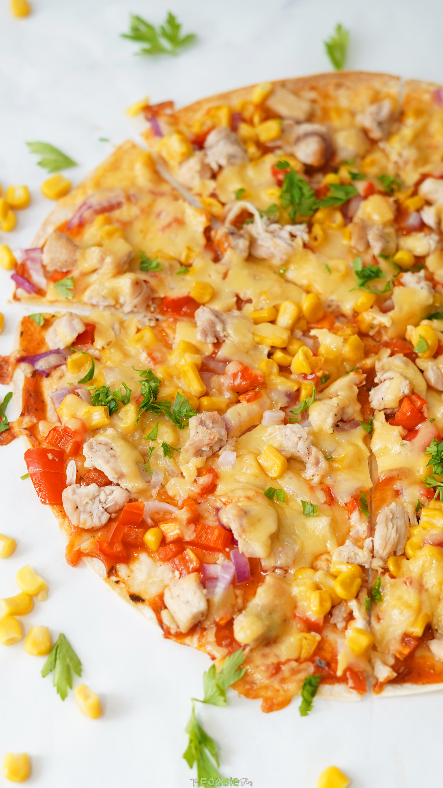 Cheesy Mexican flatbread pizza with chicken, sweet corn, red pepper, and red onion.