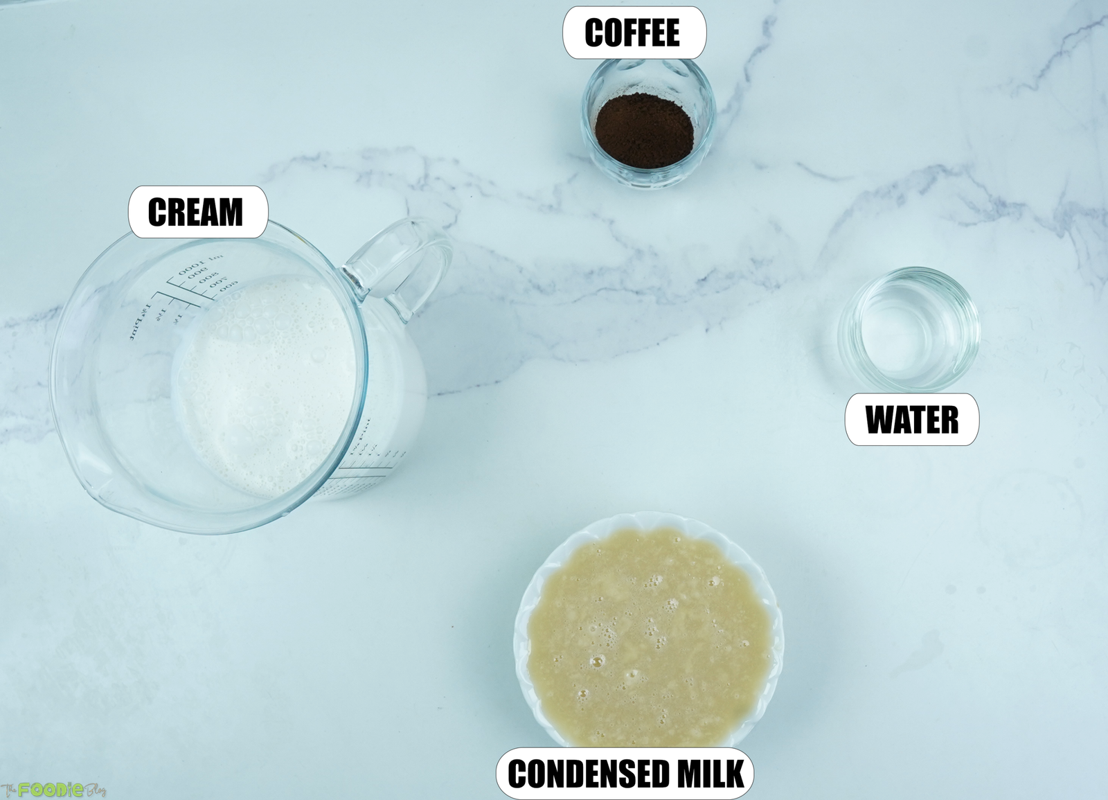 Heavy cream, sweetened condensed milk, instant coffee, and water for no-churn coffee ice cream.