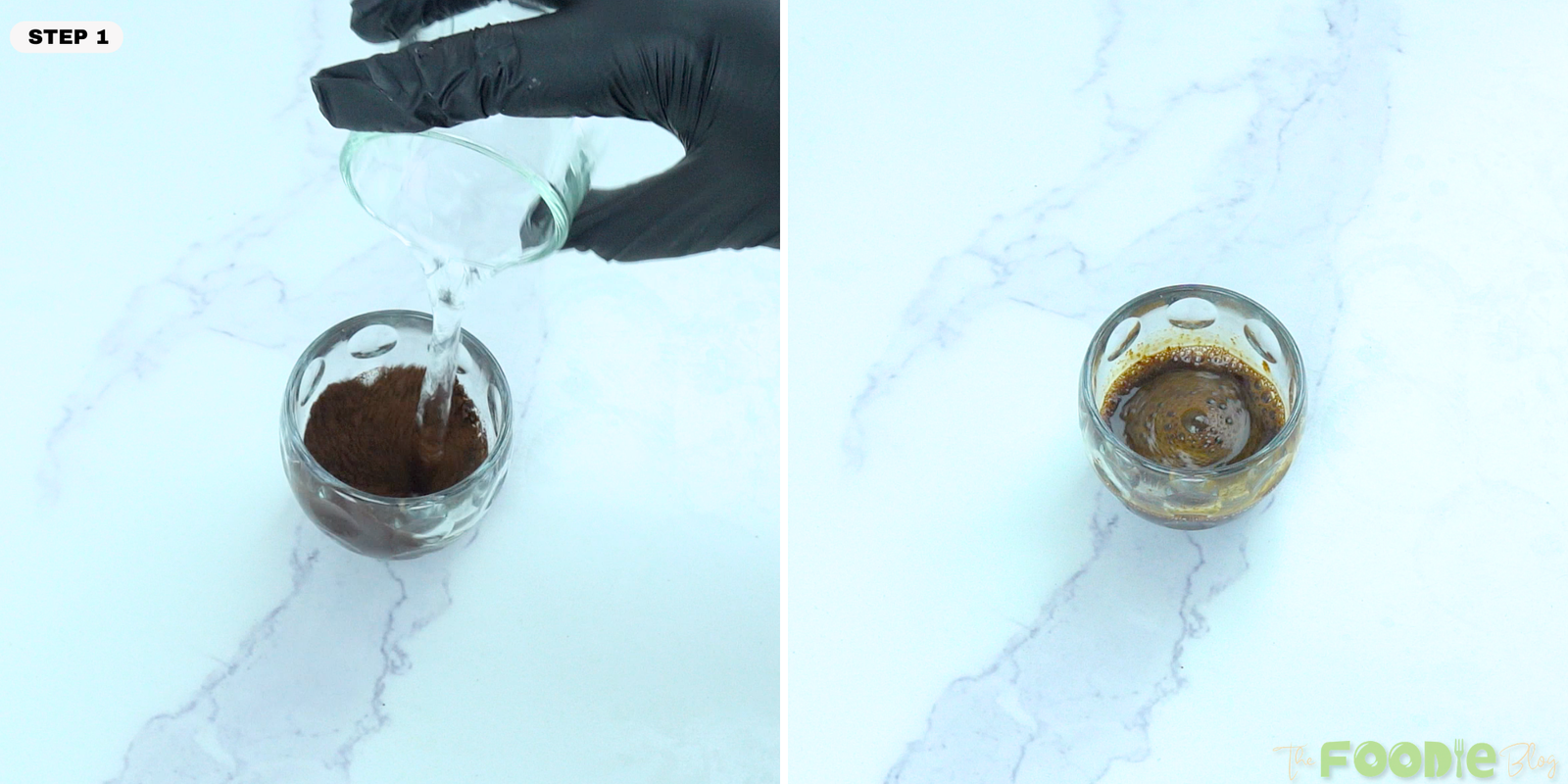 Hot water being mixed with instant coffee granules to make coffee concentrate for ice cream.