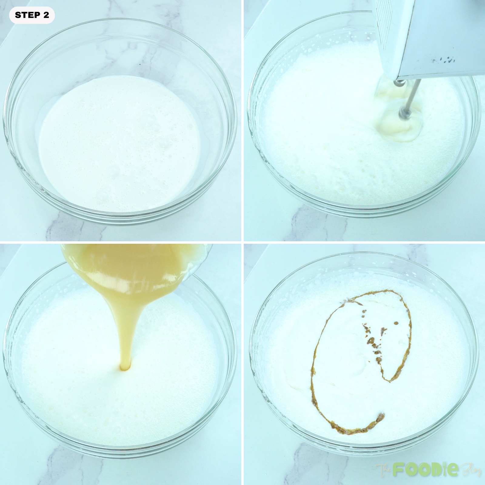 Whipped heavy cream mixed with sweetened condensed milk and coffee concentrate for homemade coffee ice cream.