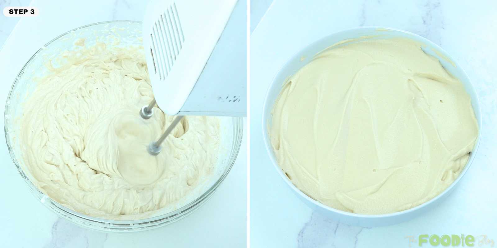 Thick coffee ice cream mixture transferred into a round freezer-safe pan before freezing.