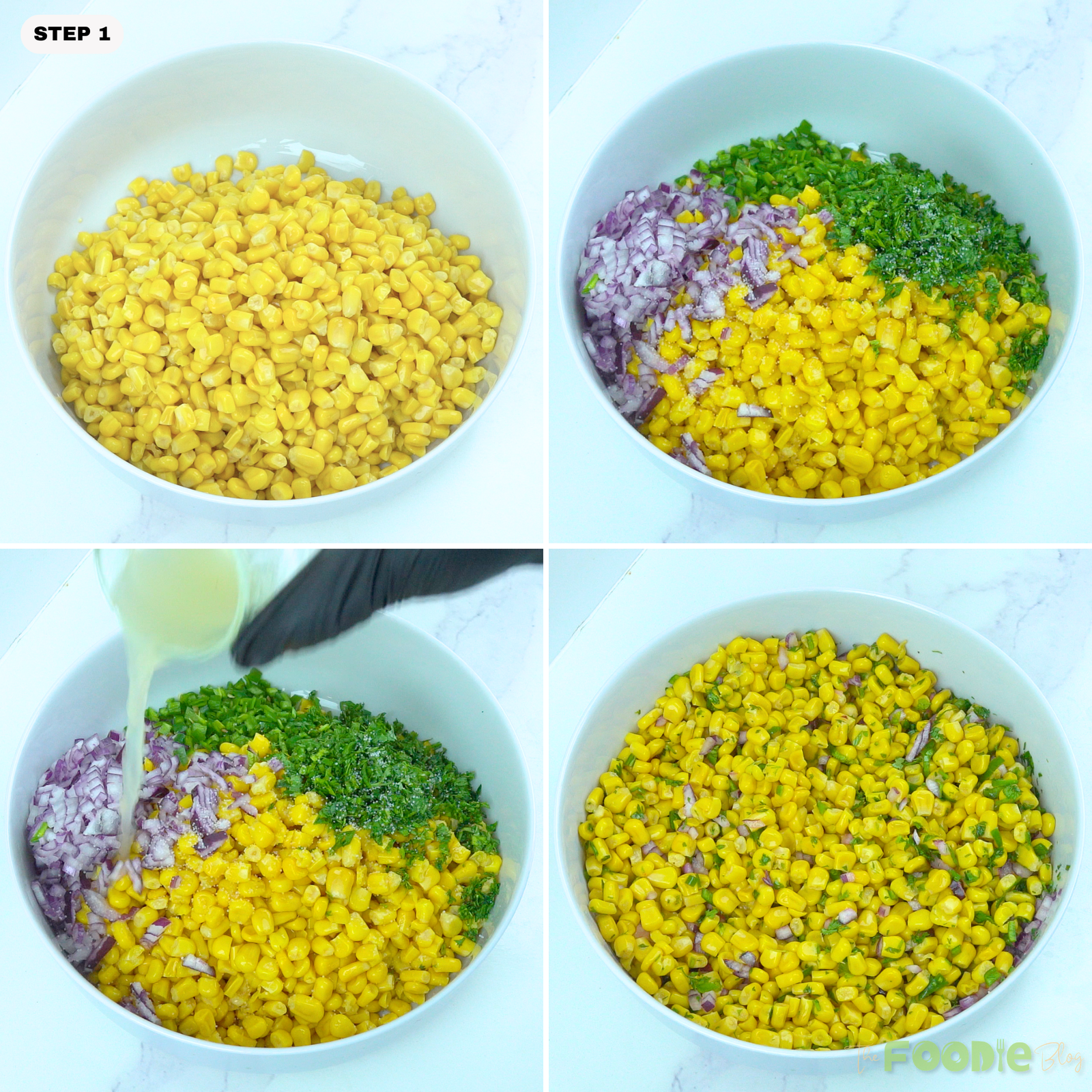 Corn, red onion, jalapeños, cilantro, lime juice, and salt mixed together in a bowl.