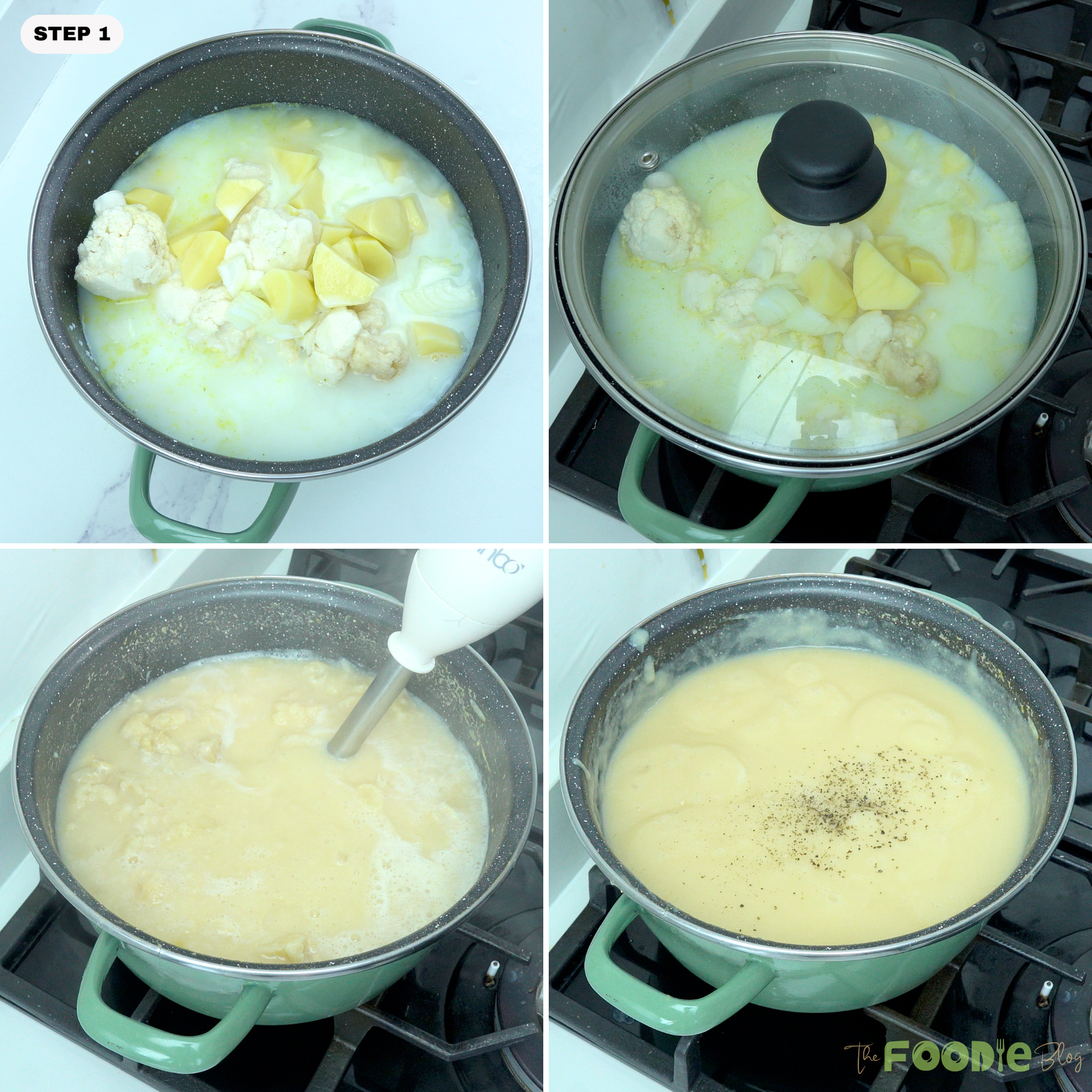 Step-by-step collage showing cauliflower, potatoes, onion, milk, and broth simmering in a pot before being blended into creamy soup and seasoned with black pepper.