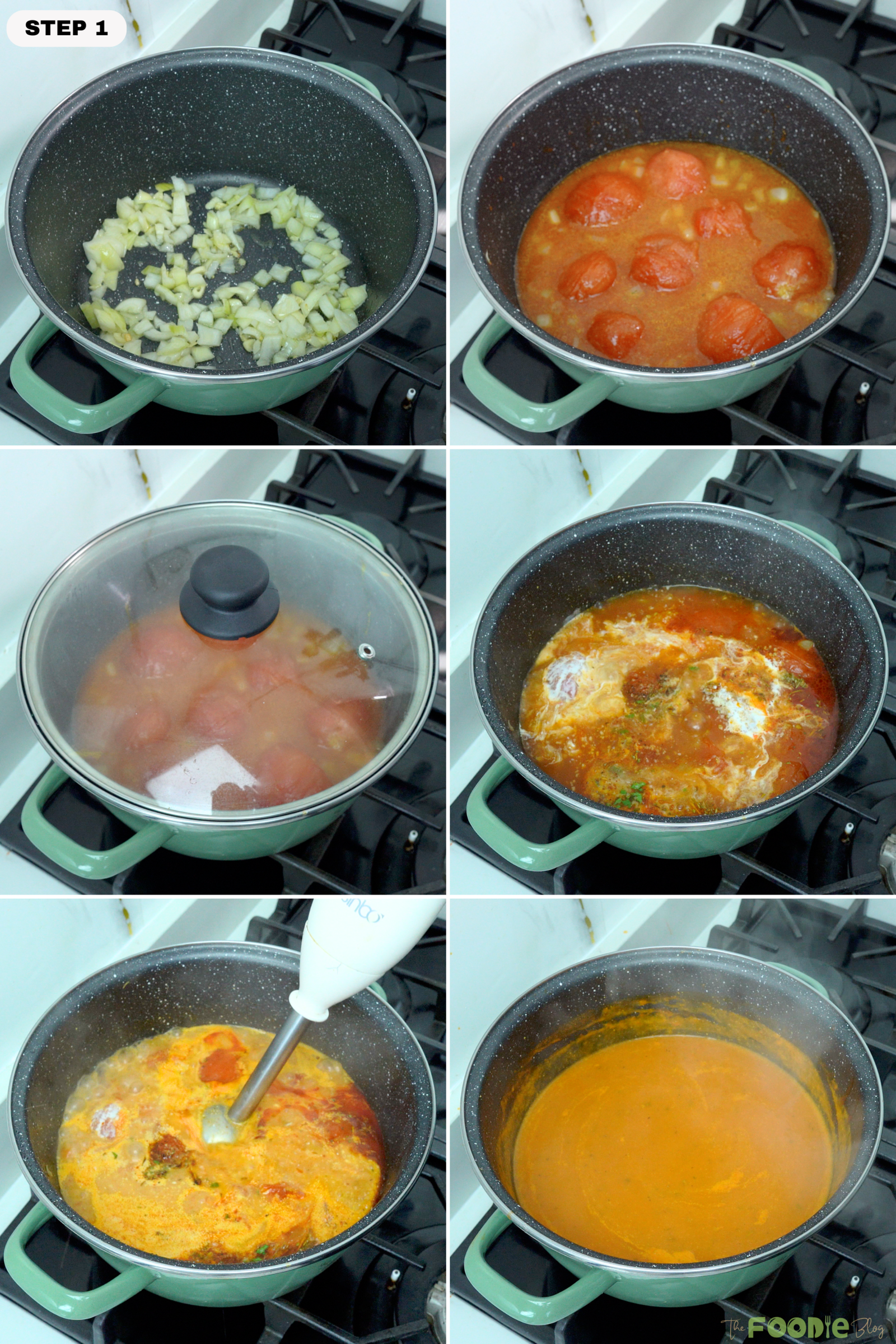 Step-by-step collage showing onion cooking, peeled tomatoes added, soup simmering, cream and herbs added, and tomato soup blended until smooth.