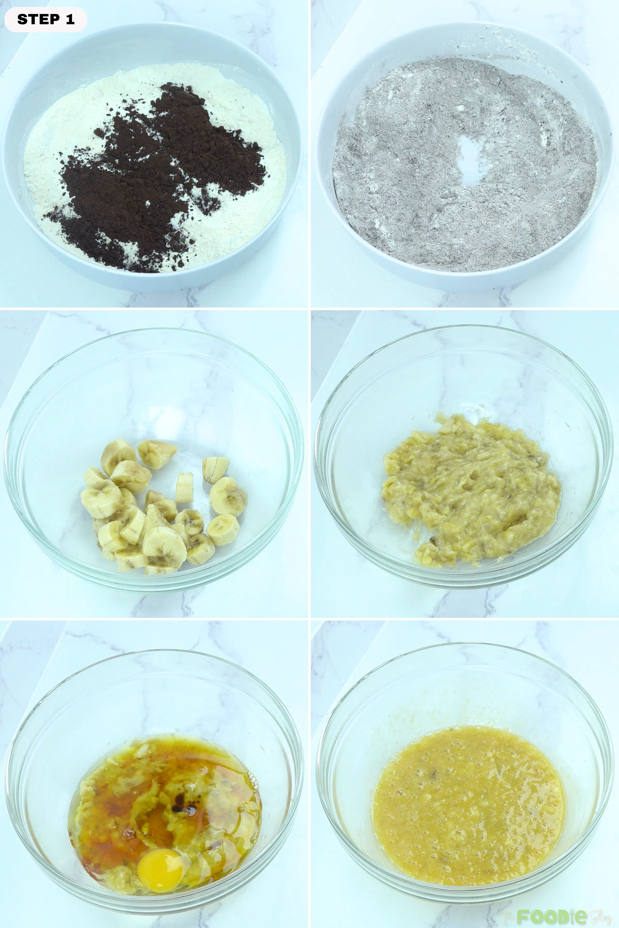 Step-by-step collage showing dry ingredients mixed, bananas mashed, and wet ingredients combined for double chocolate protein muffins.