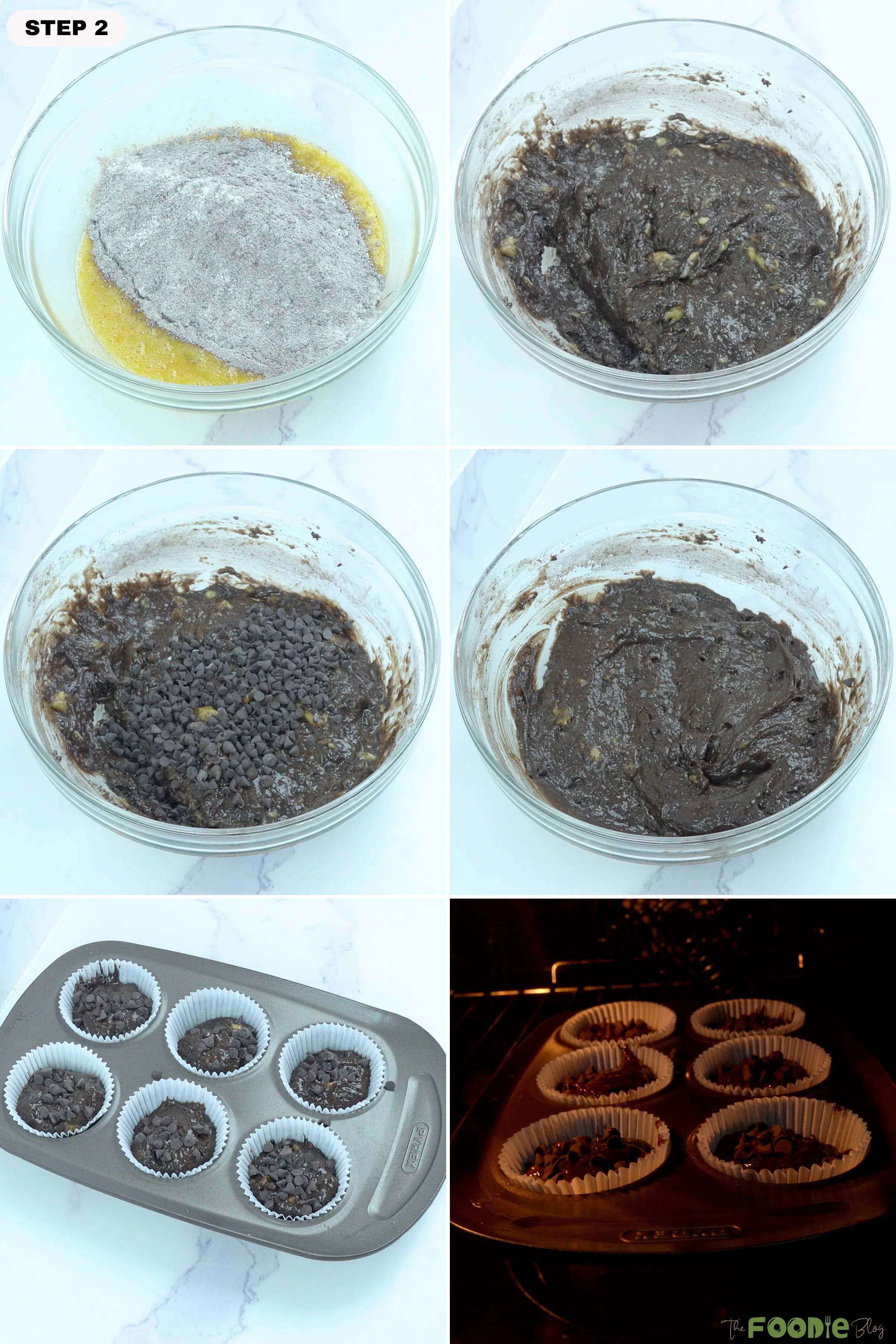 Step-by-step collage showing chocolate muffin batter mixed with chocolate chips, scooped into muffin liners, and baked in the oven.