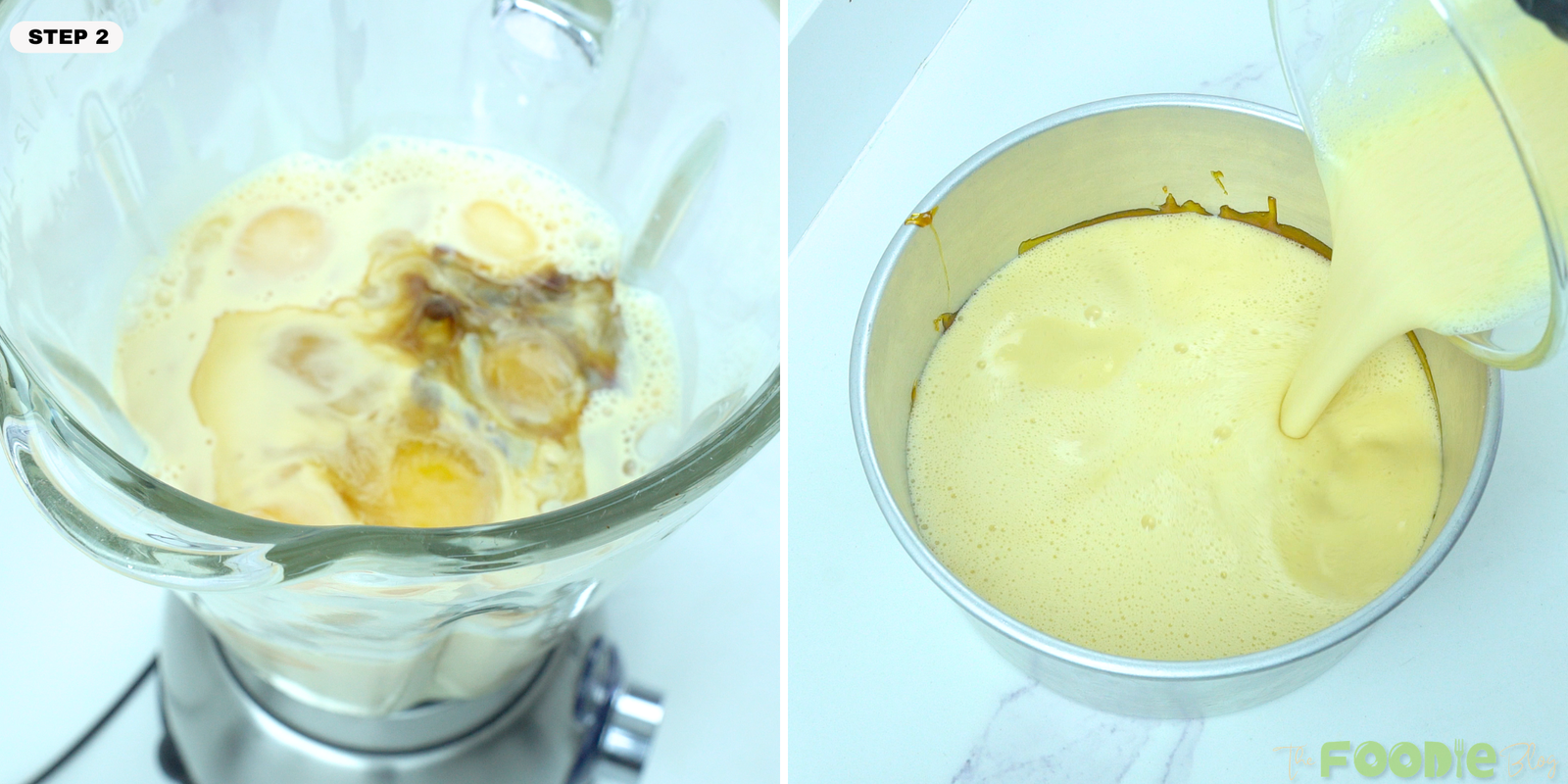 Pouring the blended custard mixture over caramel in a round baking pan