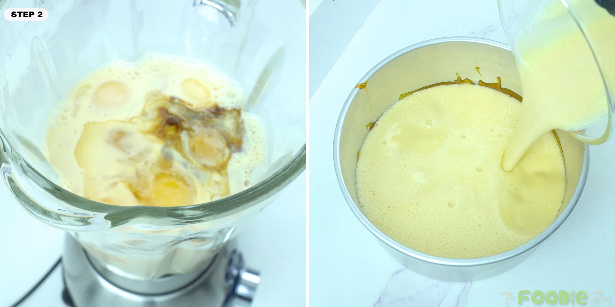 Pouring the blended custard mixture over caramel in a round baking pan