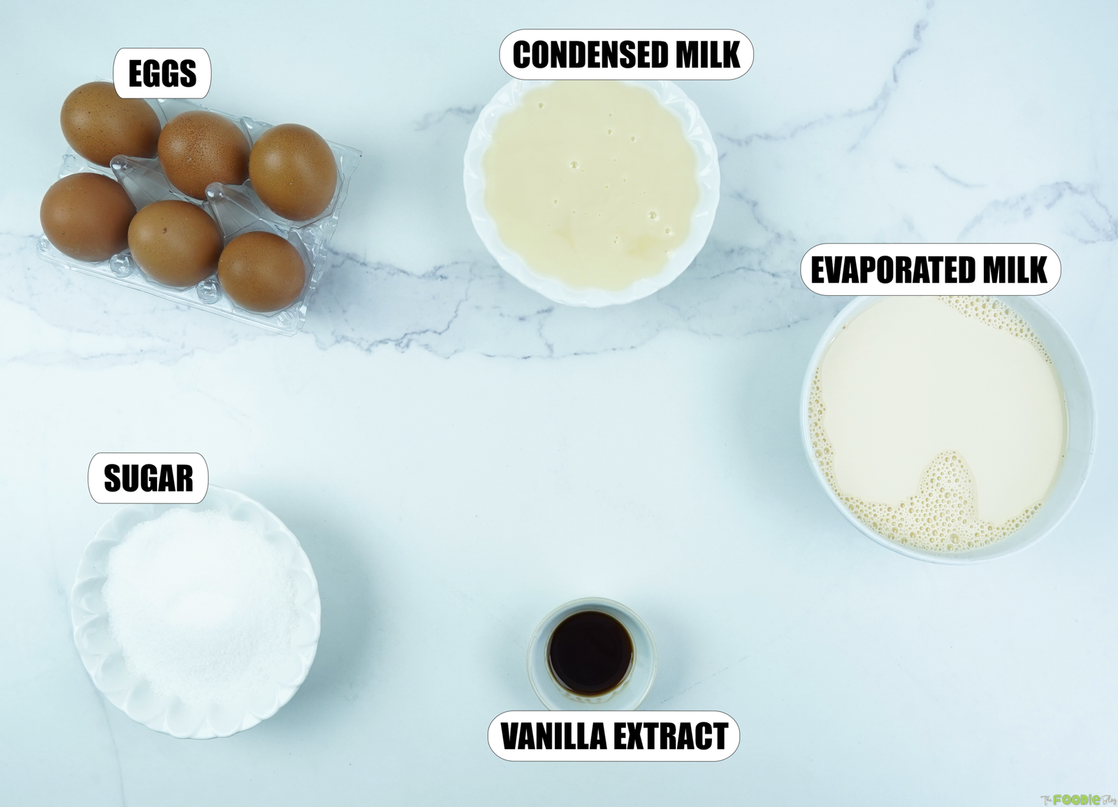 Eggs, sugar, condensed milk, evaporated milk, and vanilla for flan.
