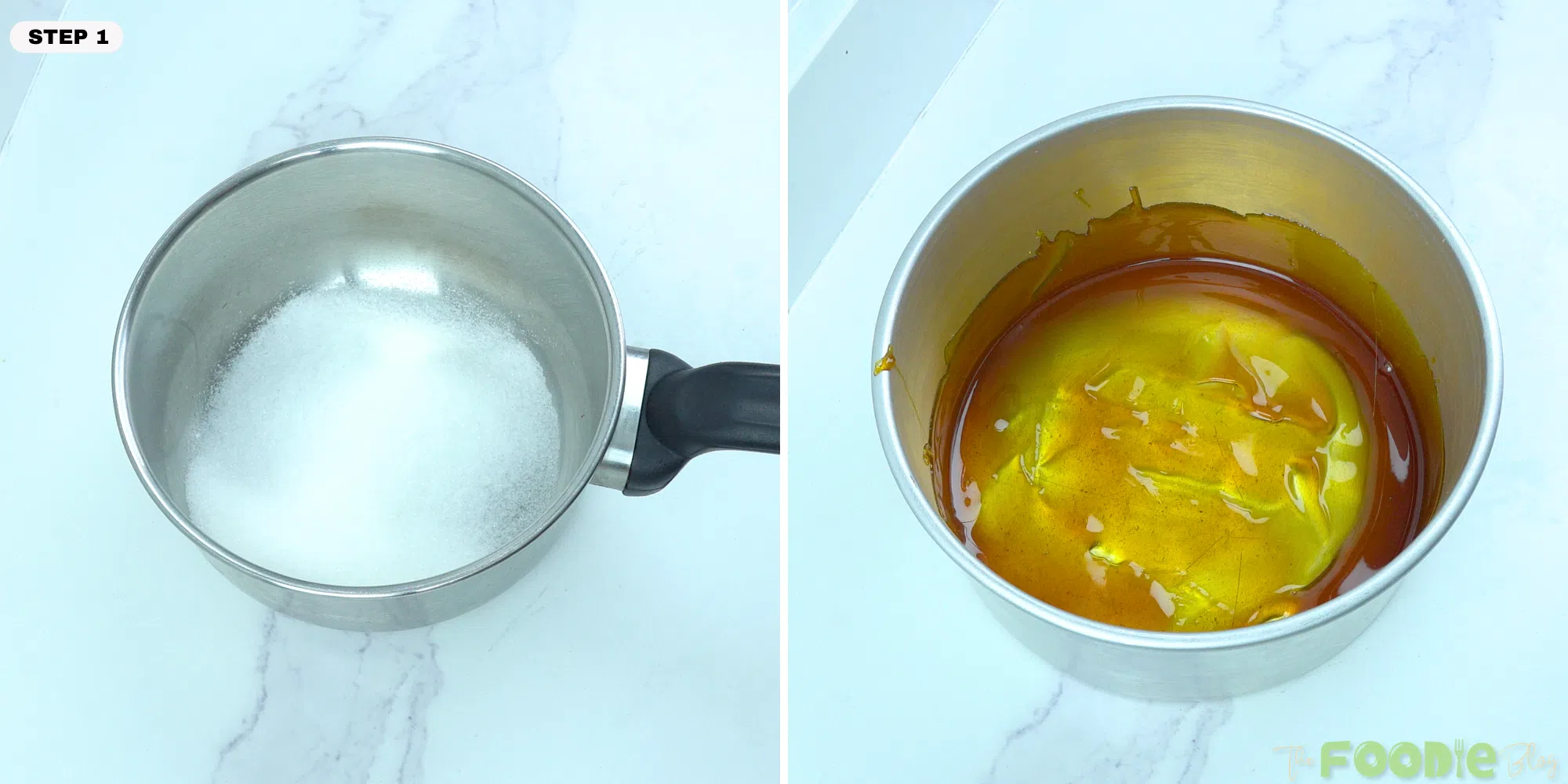 Sugar melting in a saucepan to make caramel for a homemade flan recipe