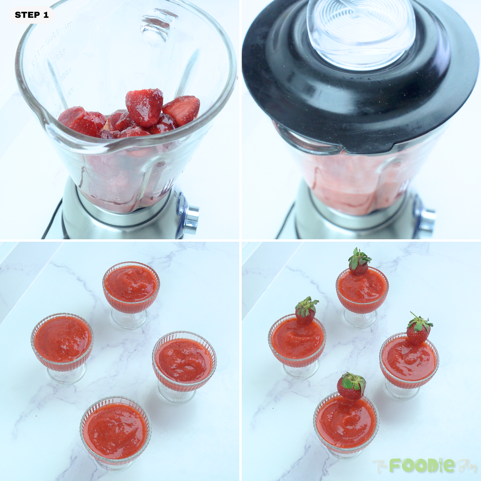 Step-by-step collage showing strawberries blended and served as frozen strawberry daiquiri.