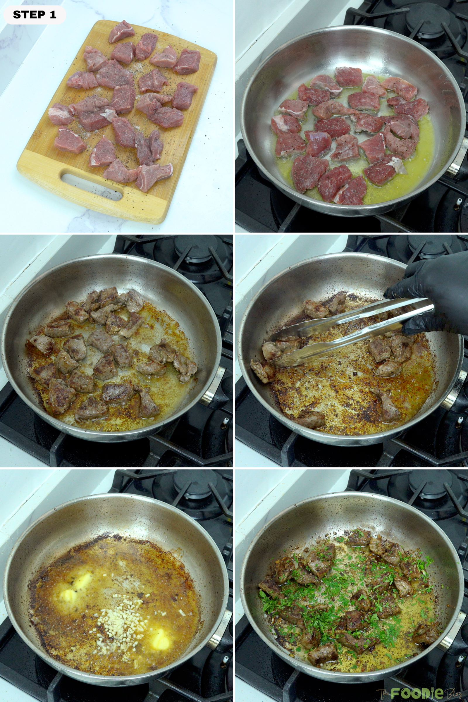 Step-by-step collage showing steak seasoned, seared in butter, tossed with garlic, and finished with parsley.
