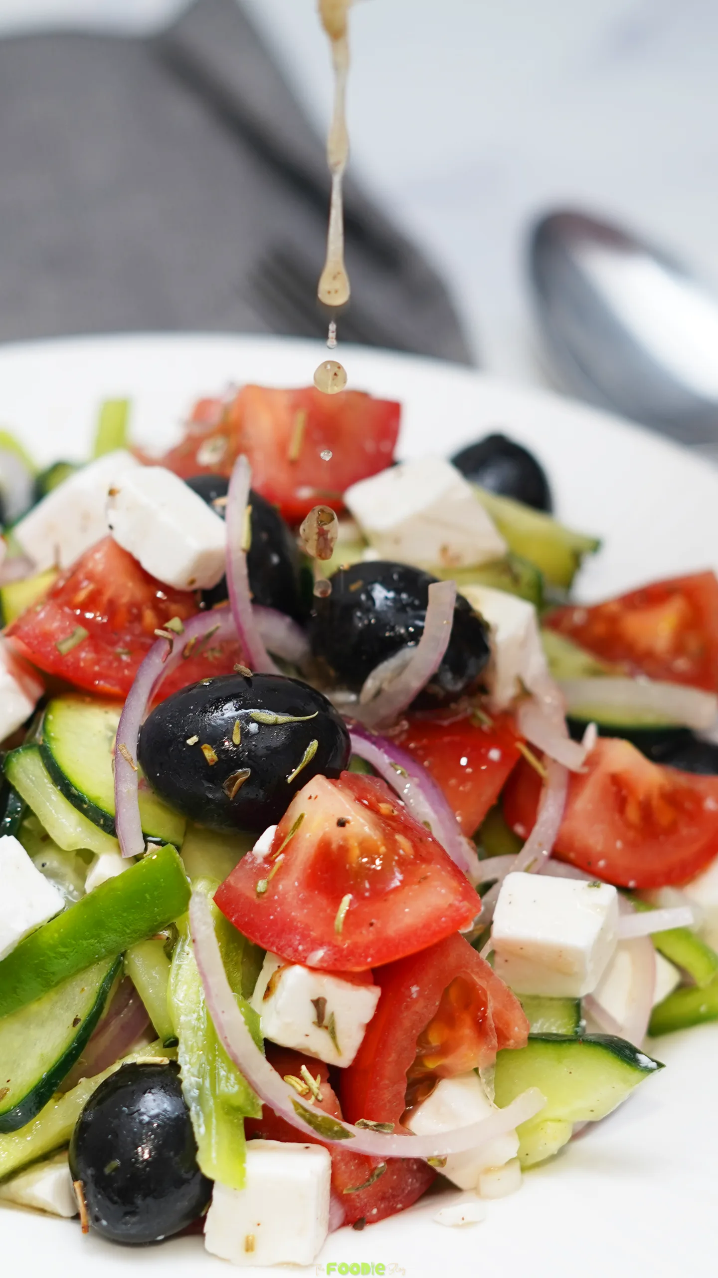 authentic greek salad with feta, tomatoes, cucumber and kalamata olives
