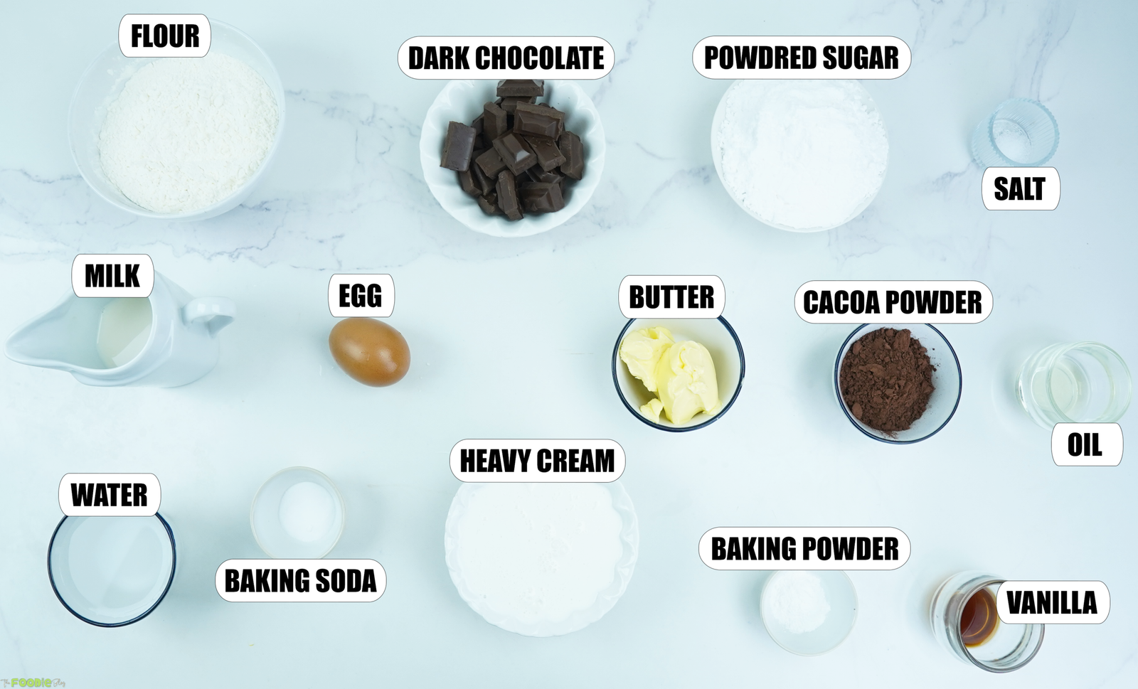 Flour, cocoa powder, chocolate, cream, milk, egg, butter, sugar, and vanilla for warm chocolate cake.