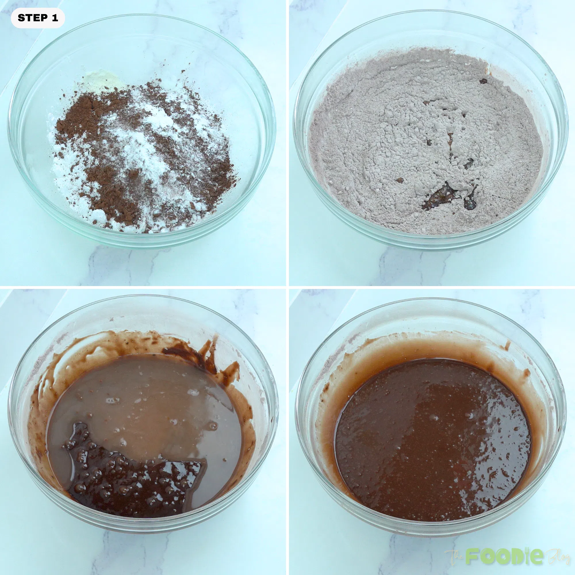 dry ingredients mixed with wet ingredients to make chocolate cake batter.