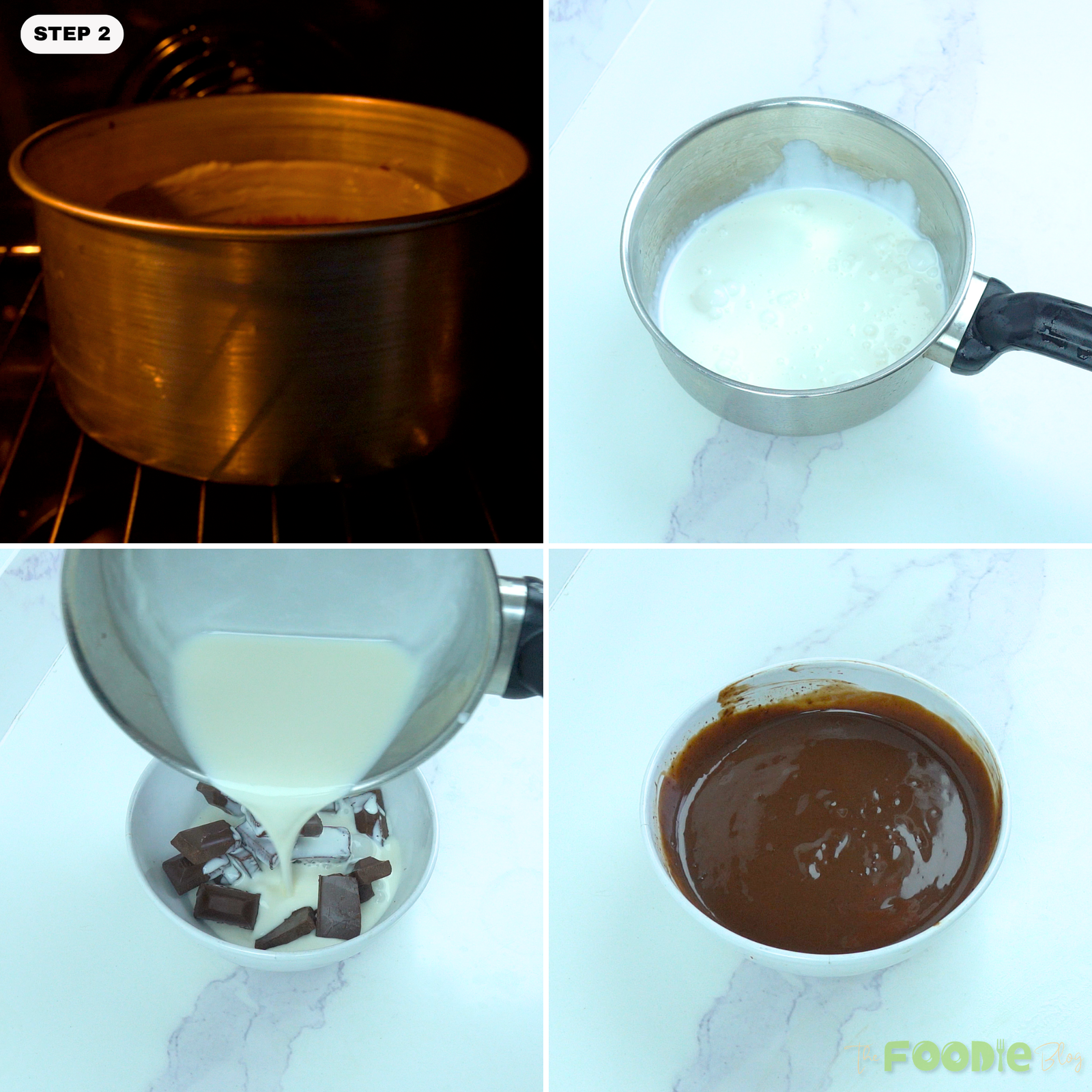 chocolate cake baking and hot cream poured over dark chocolate for fudge sauce.