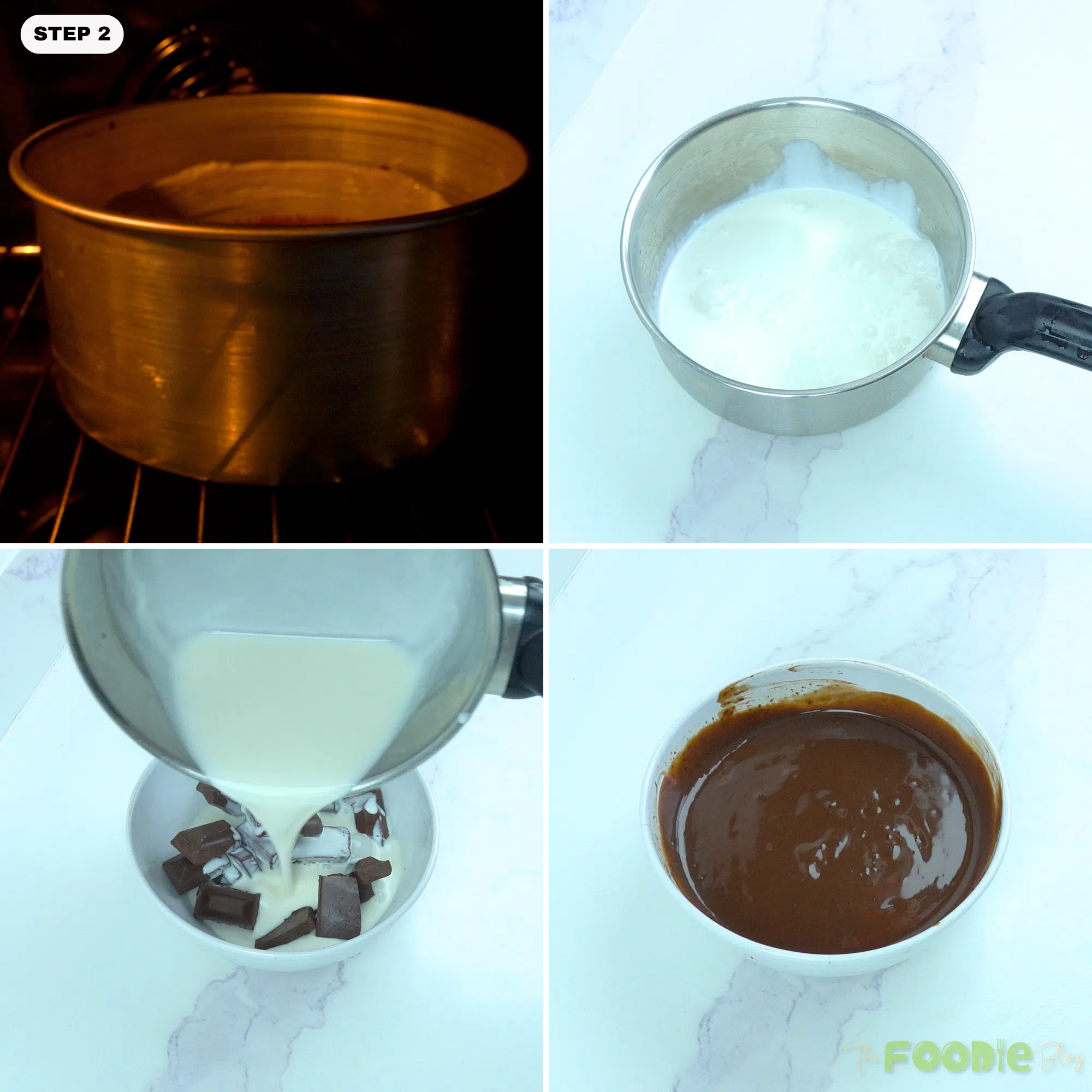 chocolate cake baking and hot cream poured over dark chocolate for fudge sauce.