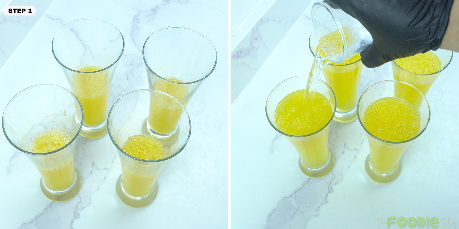 Step-by-step collage showing orange cocktail being poured into tall glasses.