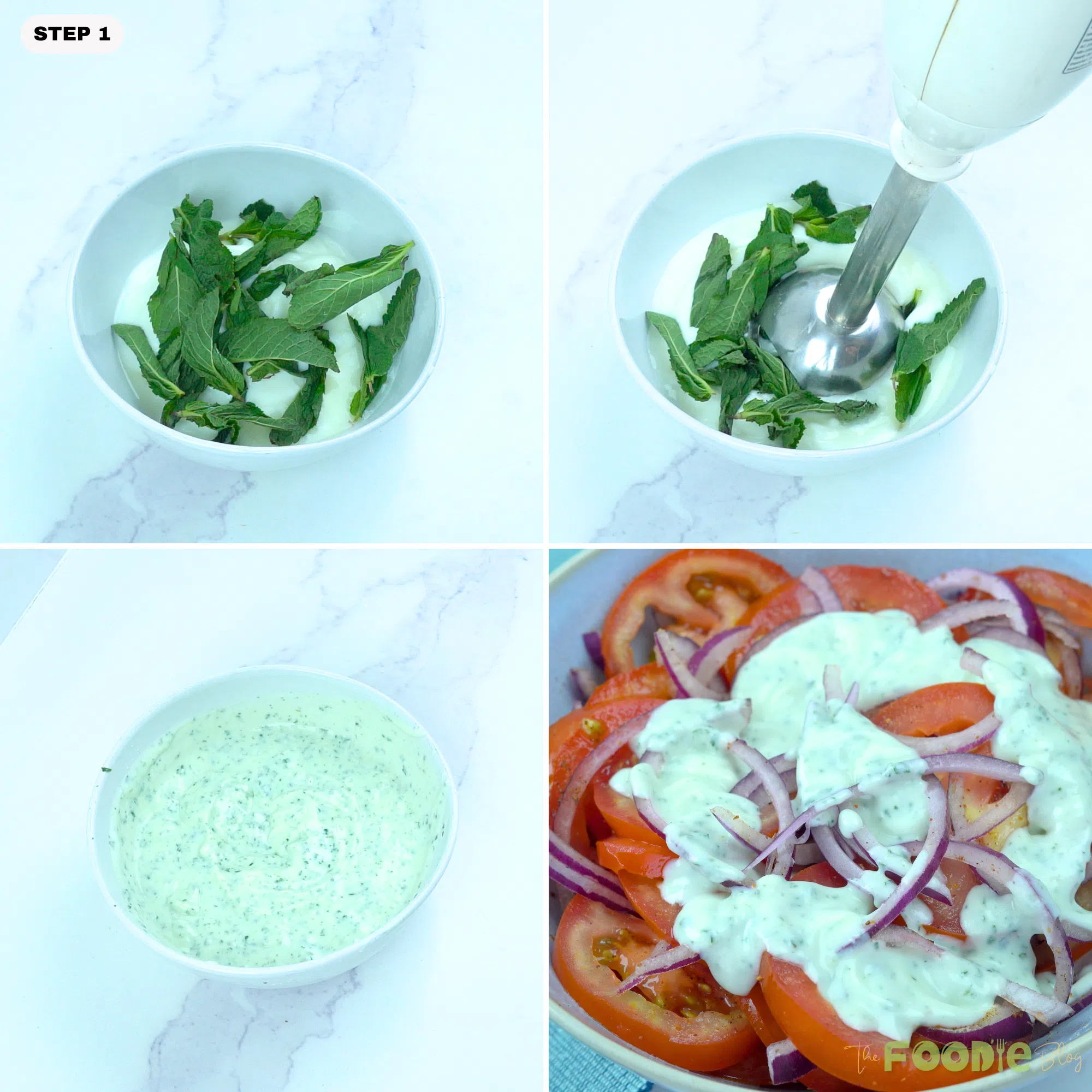 Mint leaves and yogurt being blended into a creamy dressing, then spooned over tomato slices and red onion.
