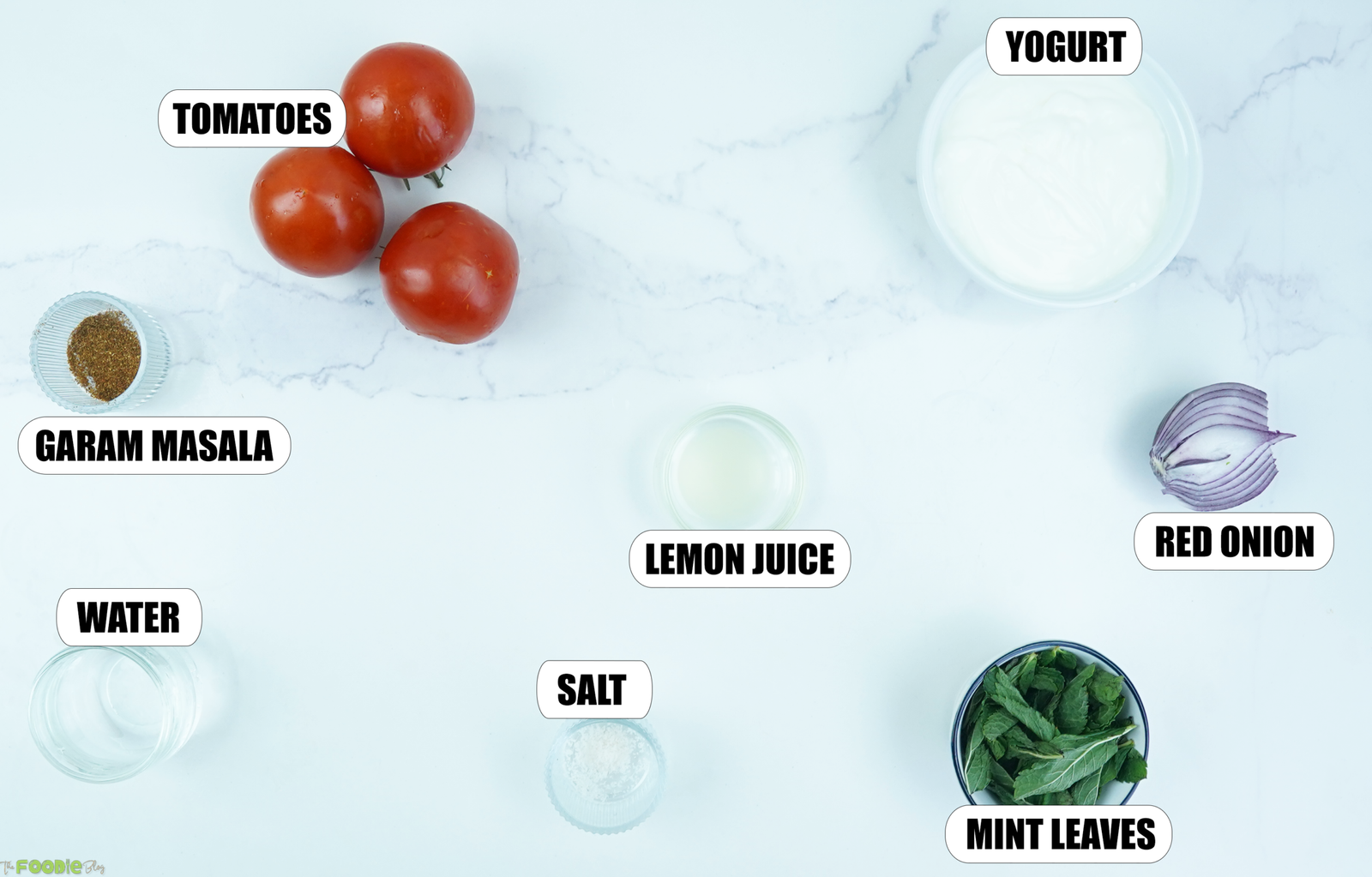 Ingredients for Indian tomato salad with mint dressing arranged on a white surface, including tomatoes, yogurt, mint leaves, red onion, lemon juice, garam masala, salt, and water.