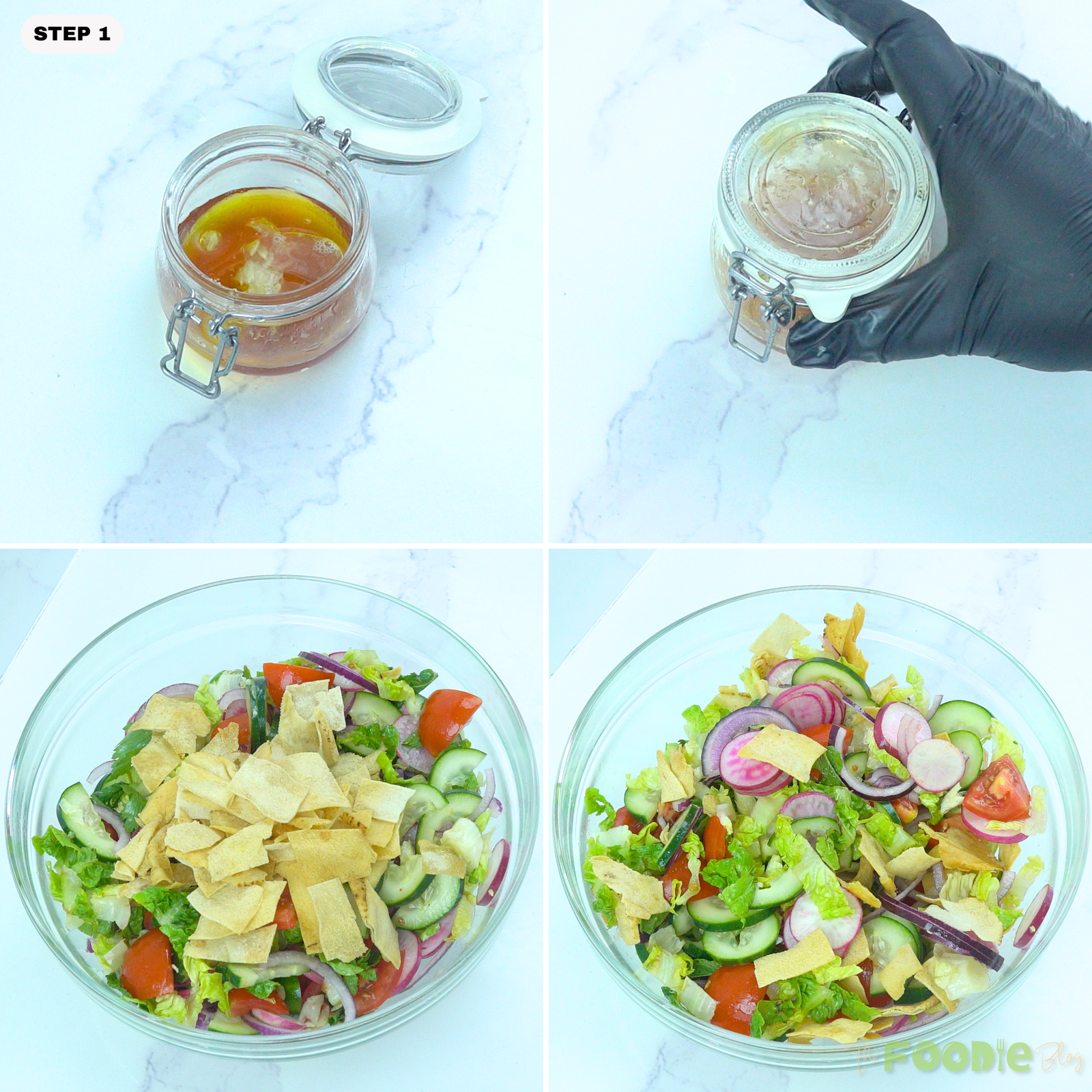 Step-by-step collage showing Lebanese fattoush salad with fresh vegetables, crispy pita chips, and dressing in a small glass jar.