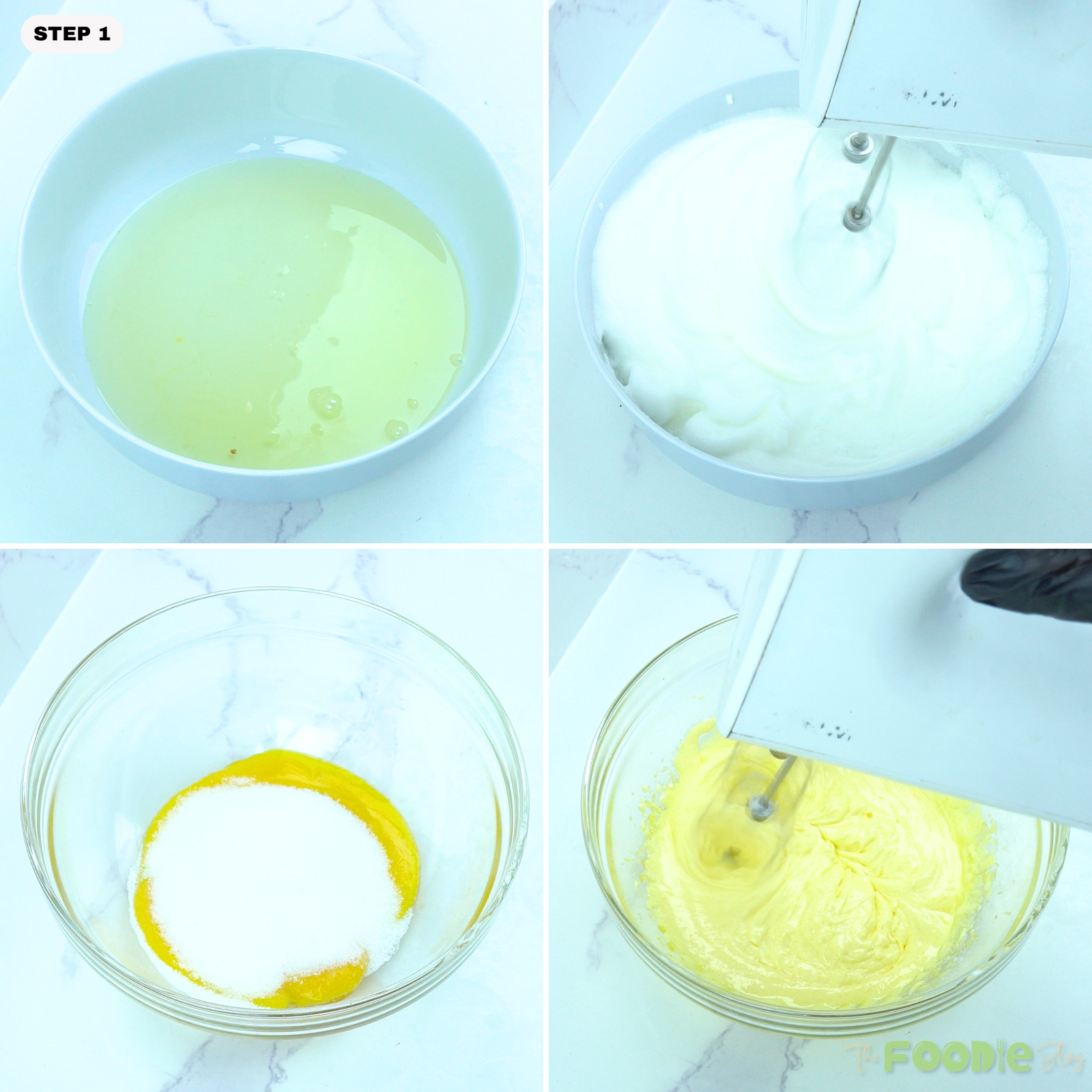 Egg whites whipped to stiff peaks and egg yolks beaten with sugar for custard cake batter.